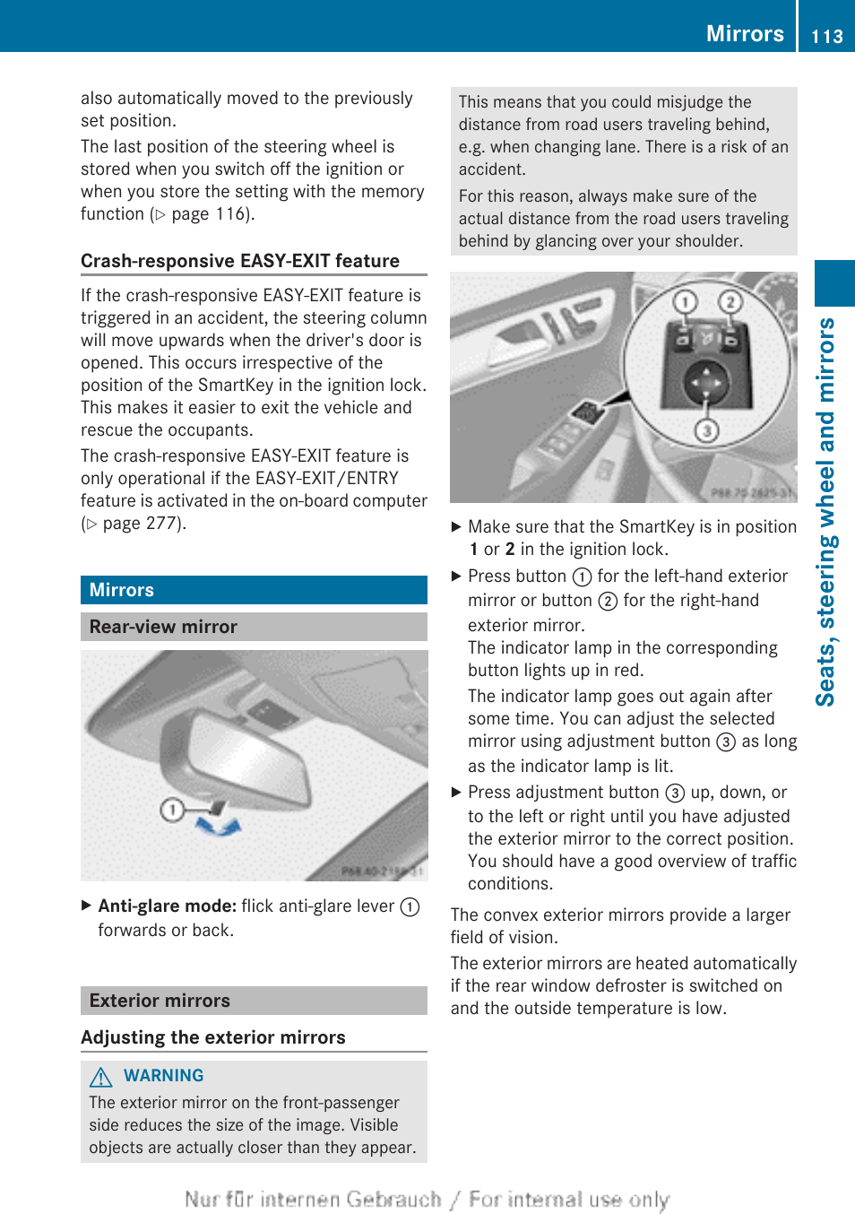 Mirrors, Rear-view mirror, Exterior mirrors | Seats, steering wheel and mirrors | Mercedes-Benz 2013 M Class User Manual | Page 115 / 460