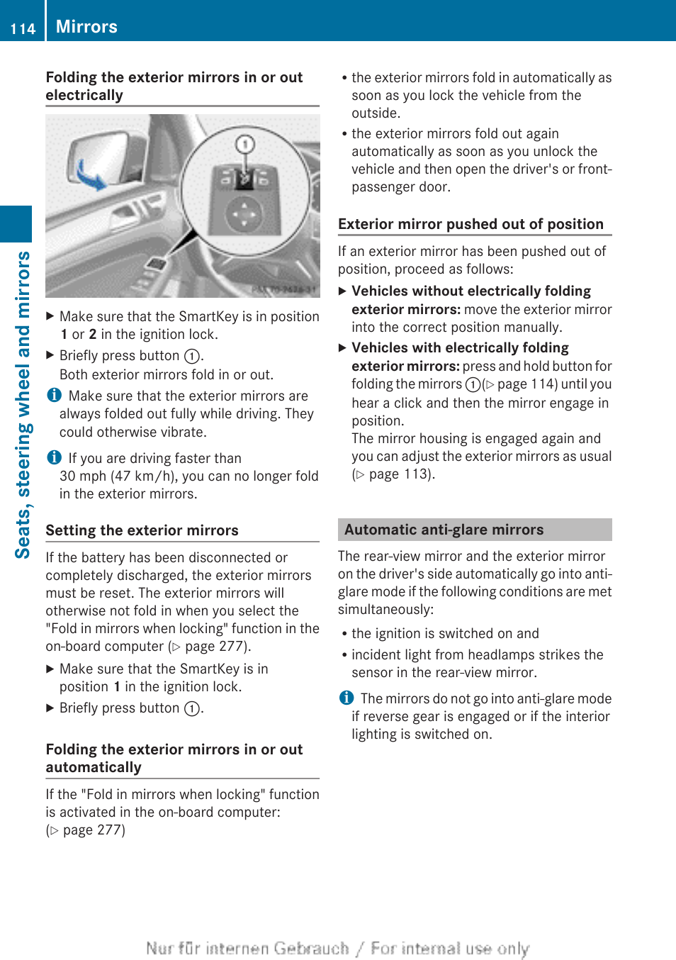 Automatic anti-glare mirrors, Seats, steering wheel and mirrors, Mirrors | Mercedes-Benz 2013 M Class User Manual | Page 116 / 460