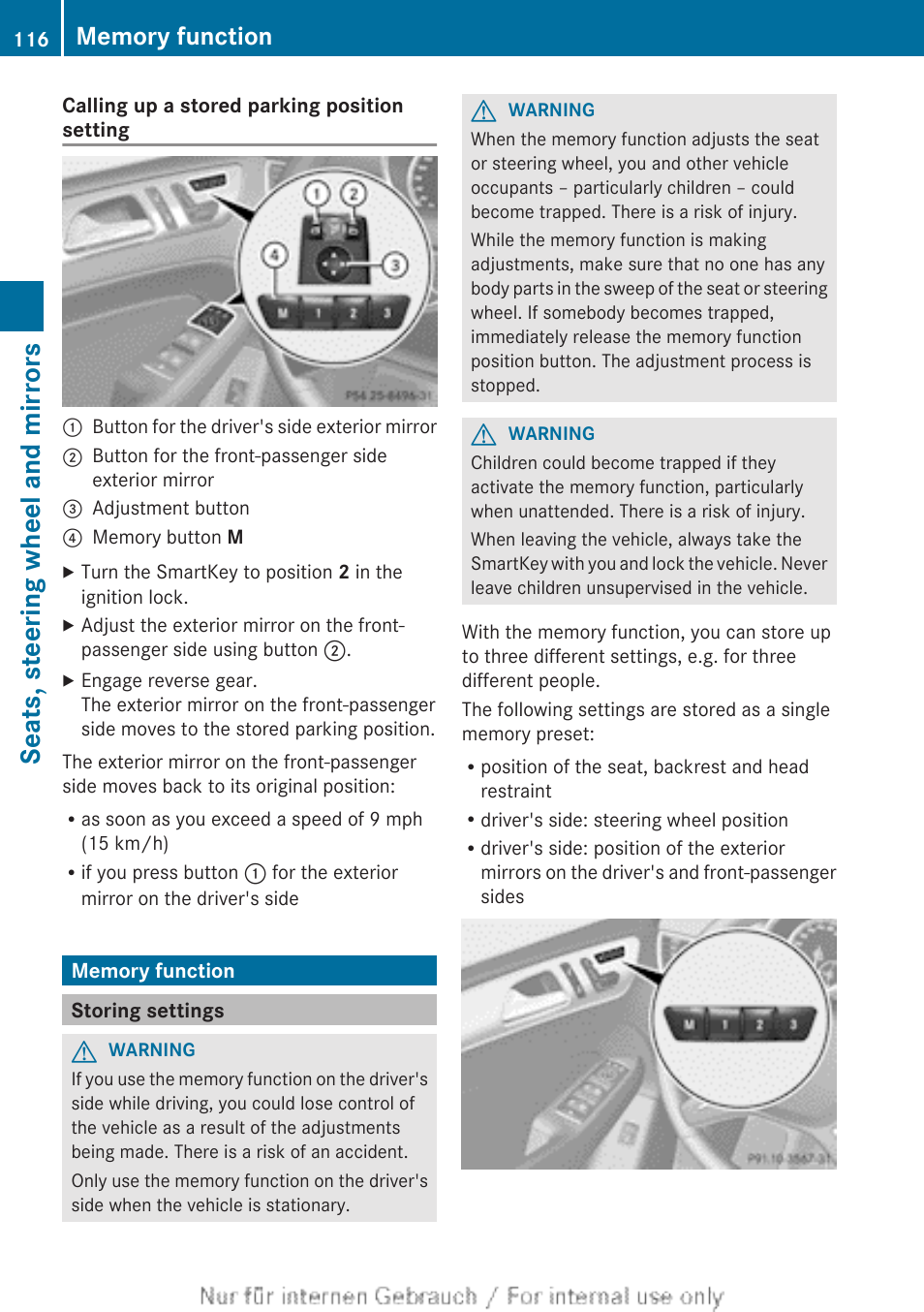 Memory function, Storing settings, Function | Seats, steering wheel and mirrors | Mercedes-Benz 2013 M Class User Manual | Page 118 / 460