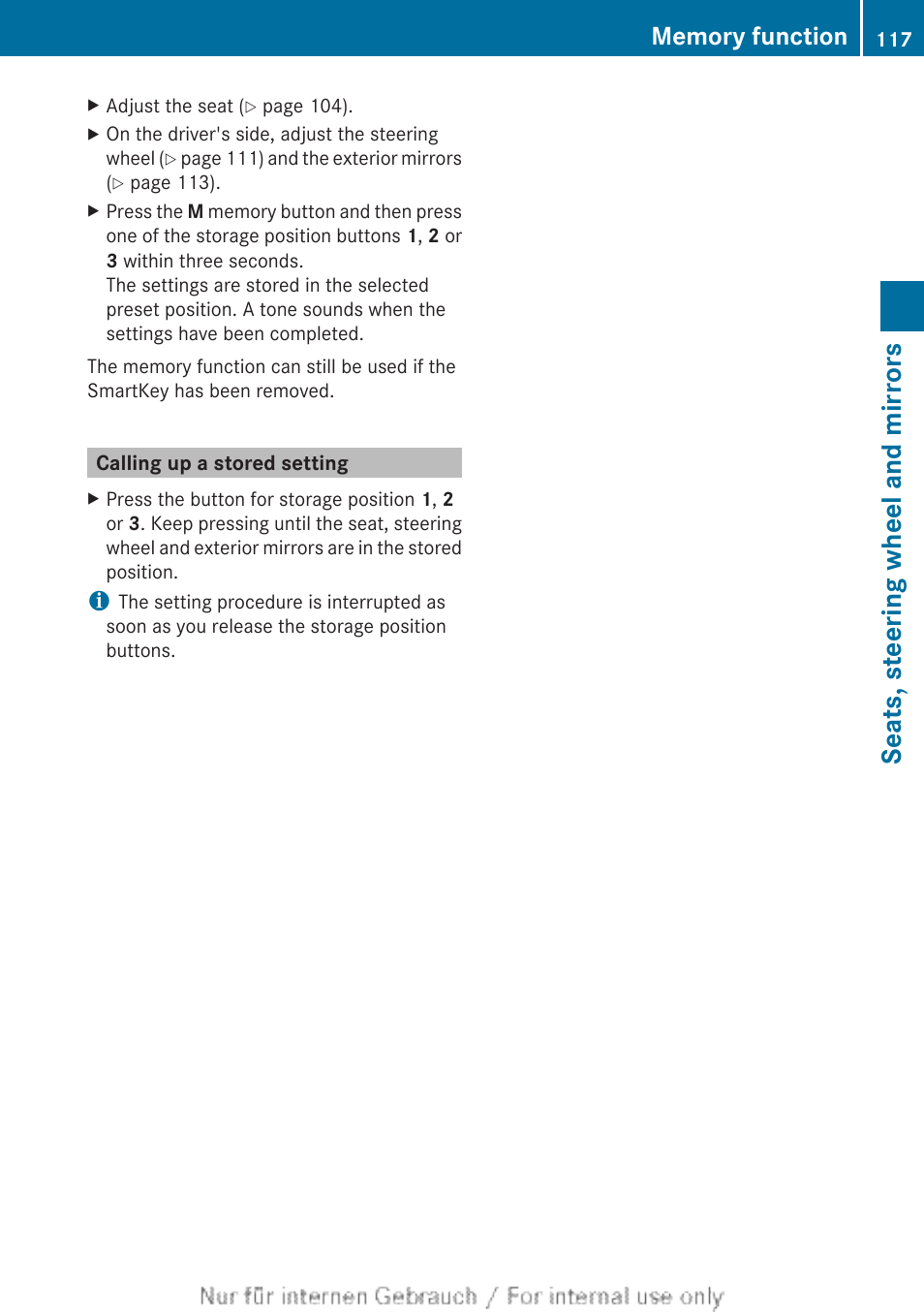 Calling up a stored setting, Seats, steering wheel and mirrors | Mercedes-Benz 2013 M Class User Manual | Page 119 / 460