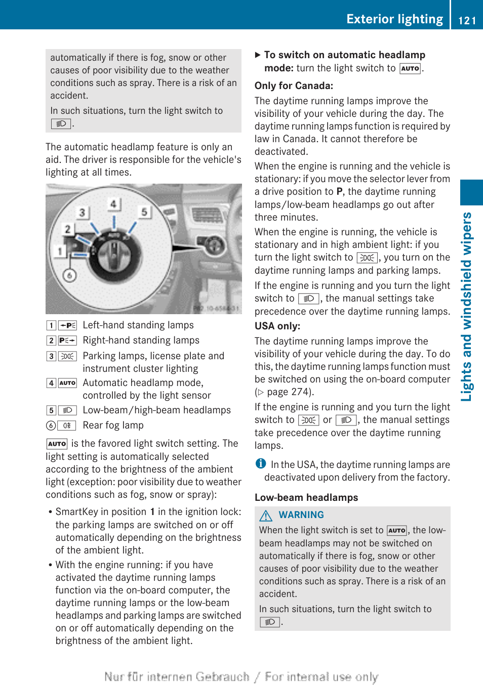 Lights and windshield wipers, Exterior lighting | Mercedes-Benz 2013 M Class User Manual | Page 123 / 460