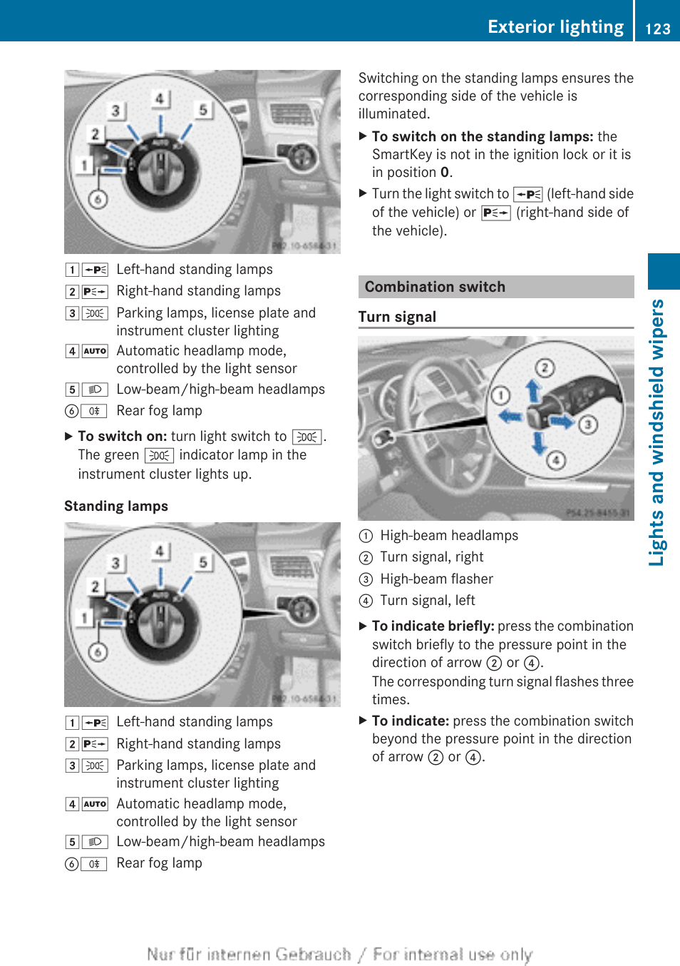 Combination switch, The combination switch, Lights and windshield wipers | Exterior lighting | Mercedes-Benz 2013 M Class User Manual | Page 125 / 460