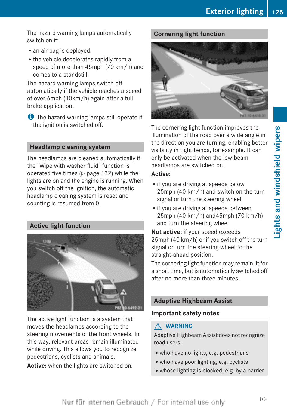 Headlamp cleaning system, Active light function, Cornering light function | Adaptive highbeam assist, Lights and windshield wipers, Exterior lighting | Mercedes-Benz 2013 M Class User Manual | Page 127 / 460