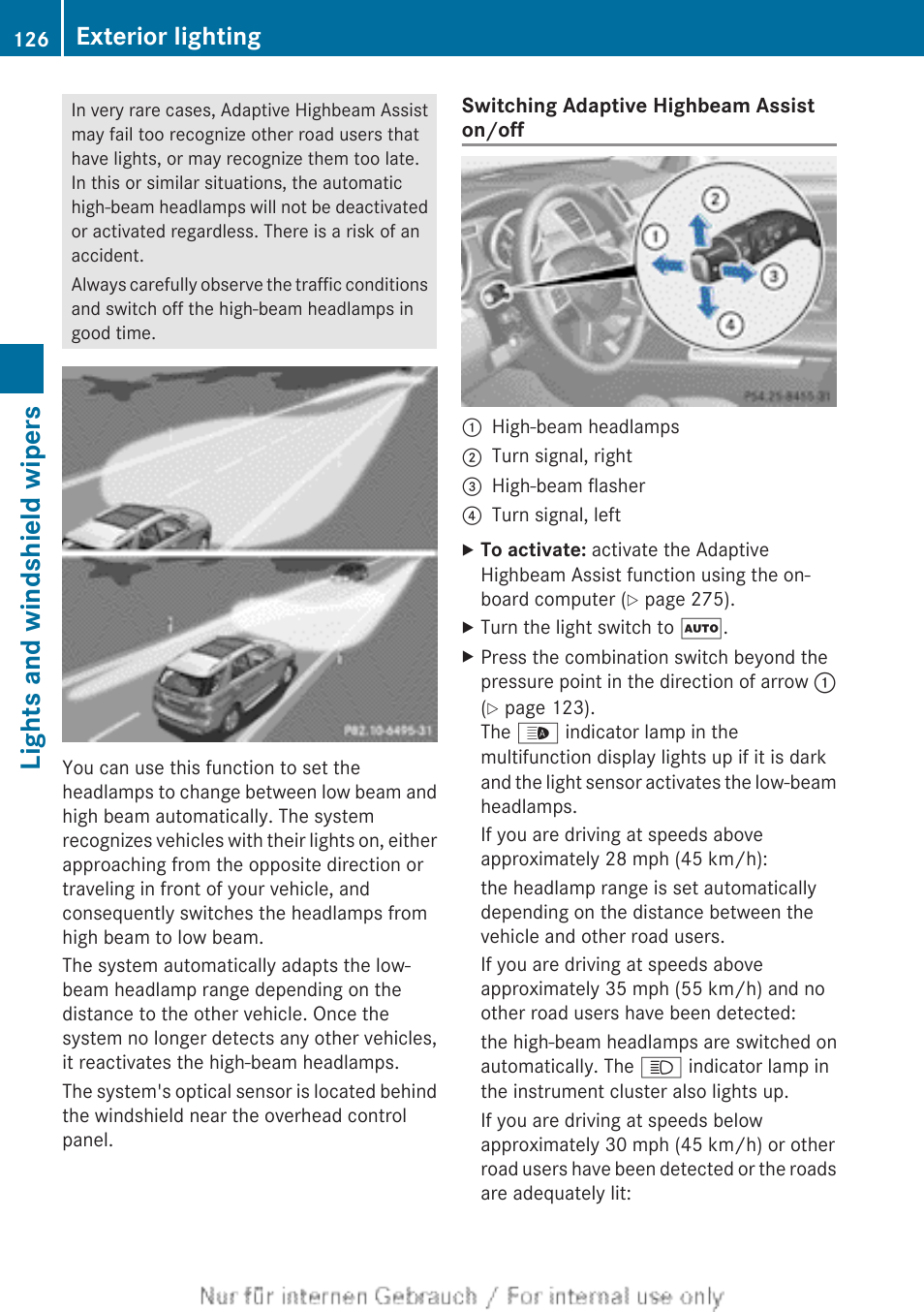 Lights and windshield wipers, Exterior lighting | Mercedes-Benz 2013 M Class User Manual | Page 128 / 460