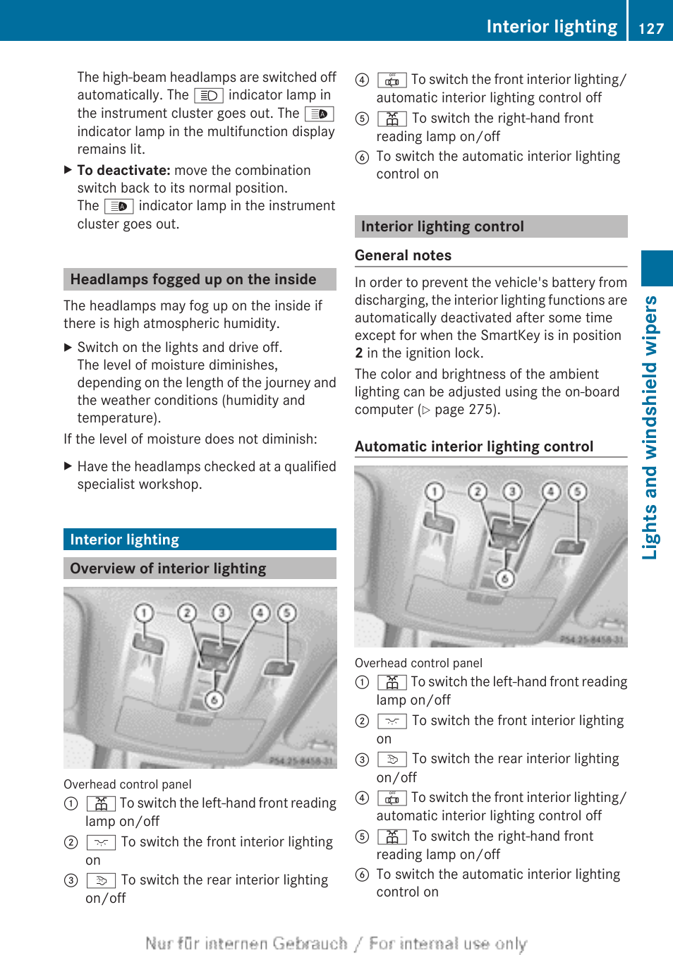 Headlamps fogged up on the inside, Interior lighting, Overview of interior lighting | Interior lighting control, Lights and windshield wipers | Mercedes-Benz 2013 M Class User Manual | Page 129 / 460