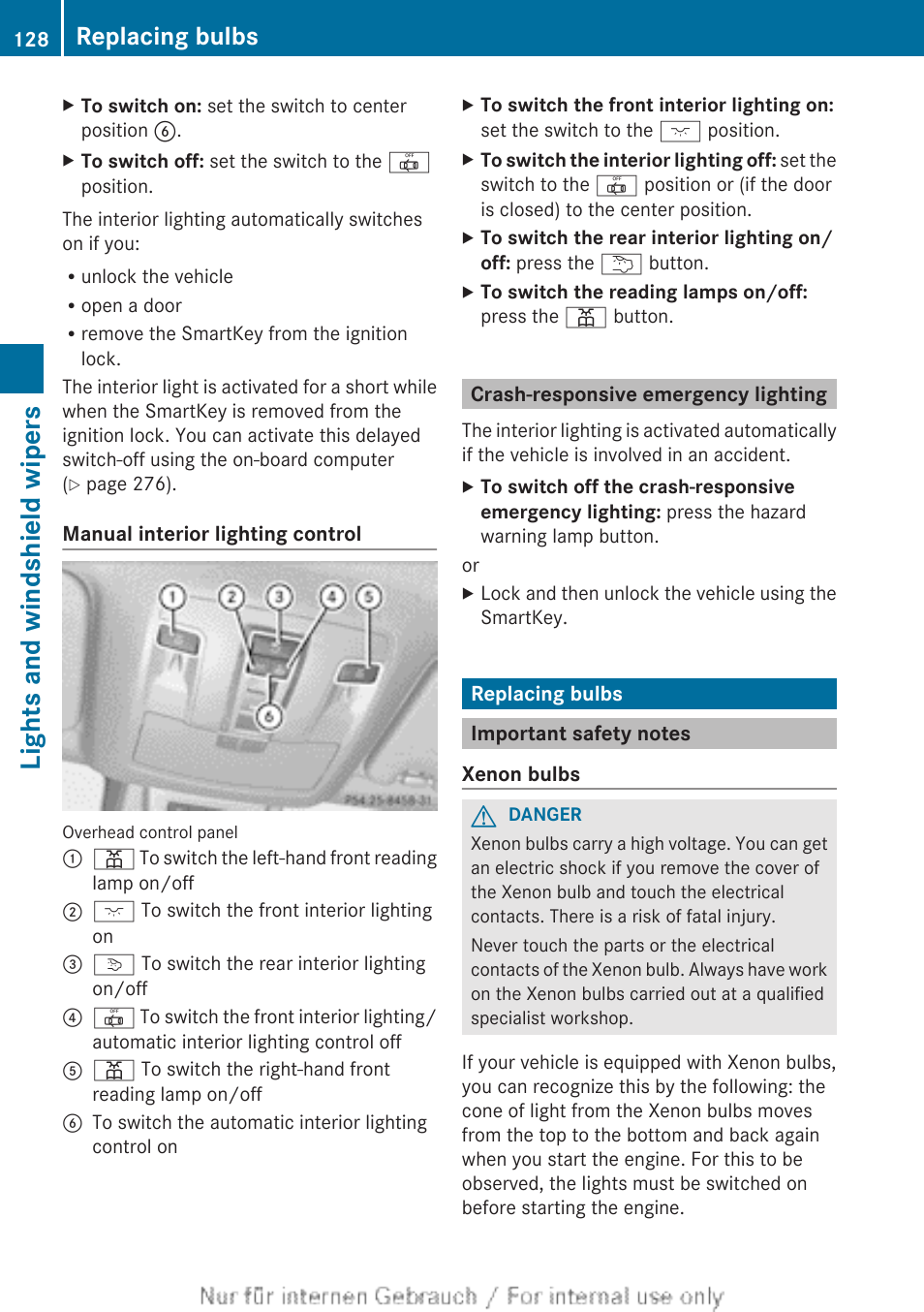 Crash-responsive emergency lighting, Replacing bulbs, Important safety notes | Lights and windshield wipers | Mercedes-Benz 2013 M Class User Manual | Page 130 / 460