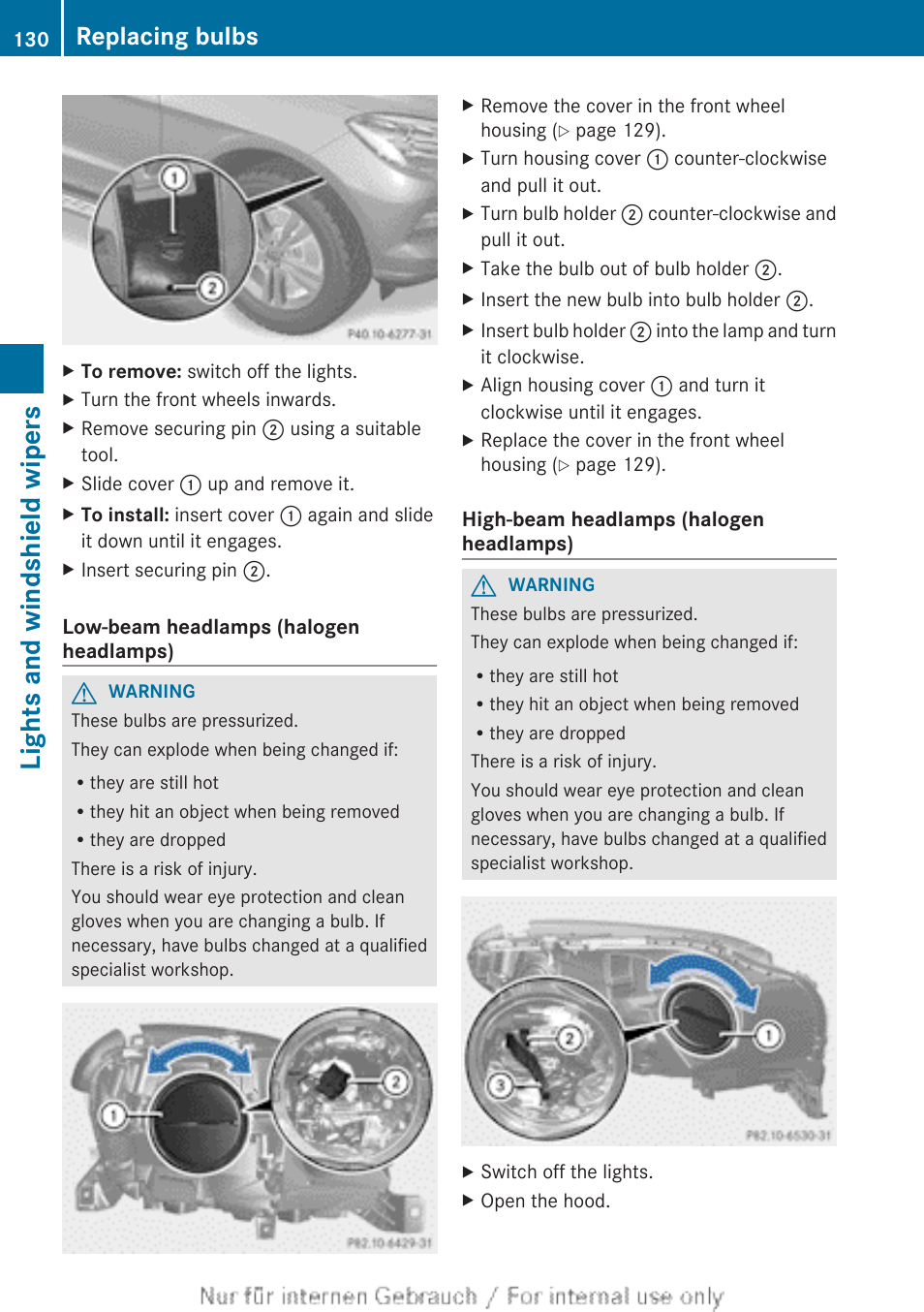 Lights and windshield wipers, Replacing bulbs | Mercedes-Benz 2013 M Class User Manual | Page 132 / 460