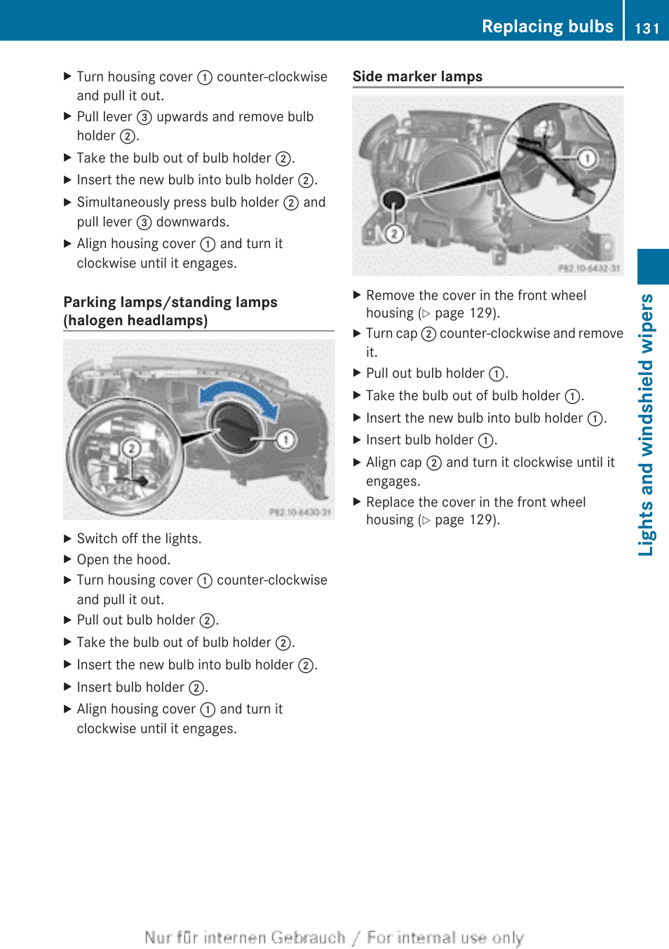 Lights and windshield wipers, Replacing bulbs | Mercedes-Benz 2013 M Class User Manual | Page 133 / 460