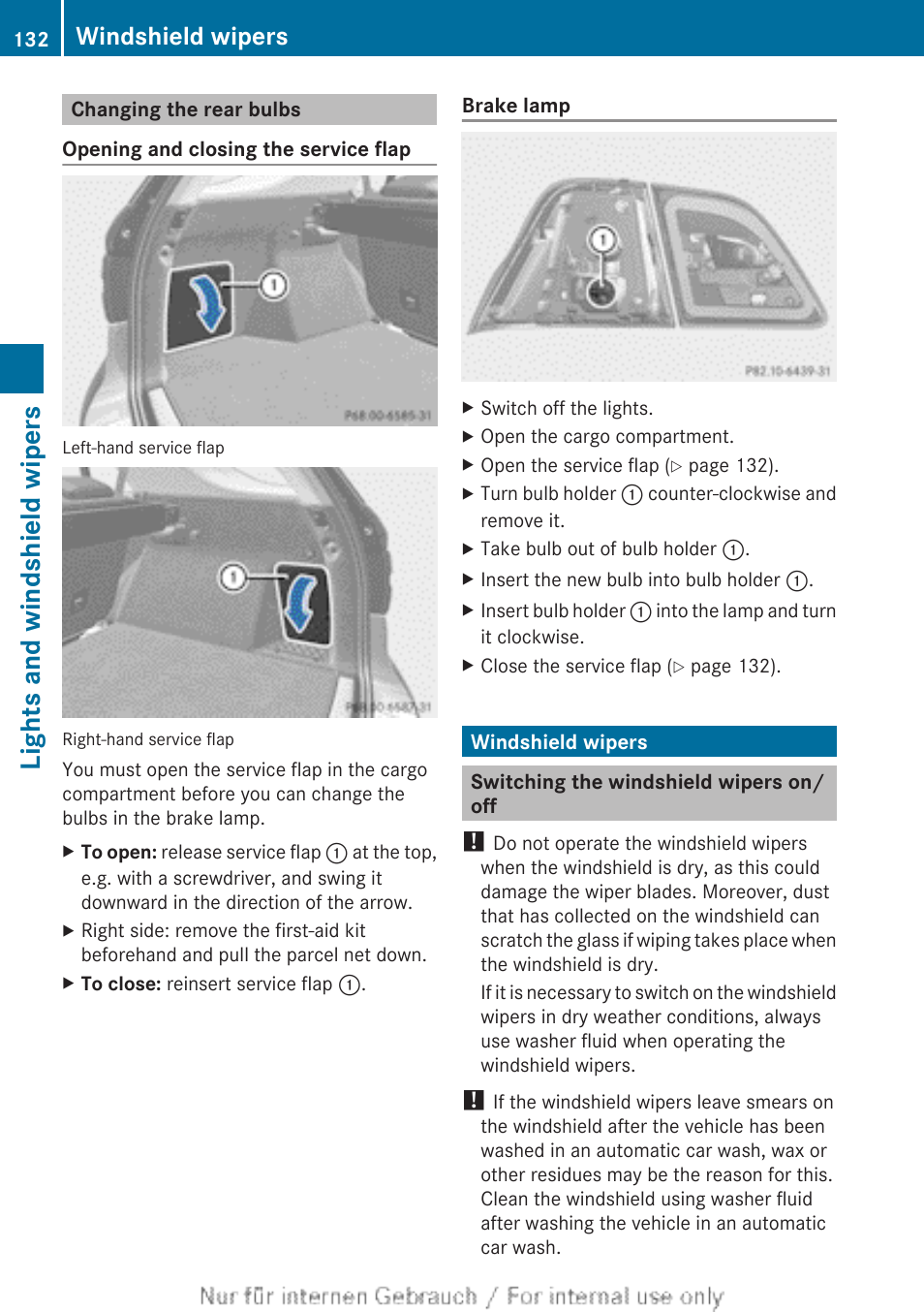 Changing the rear bulbs, Windshield wipers, Switching the windshield wipers on/off | Lights and windshield wipers | Mercedes-Benz 2013 M Class User Manual | Page 134 / 460