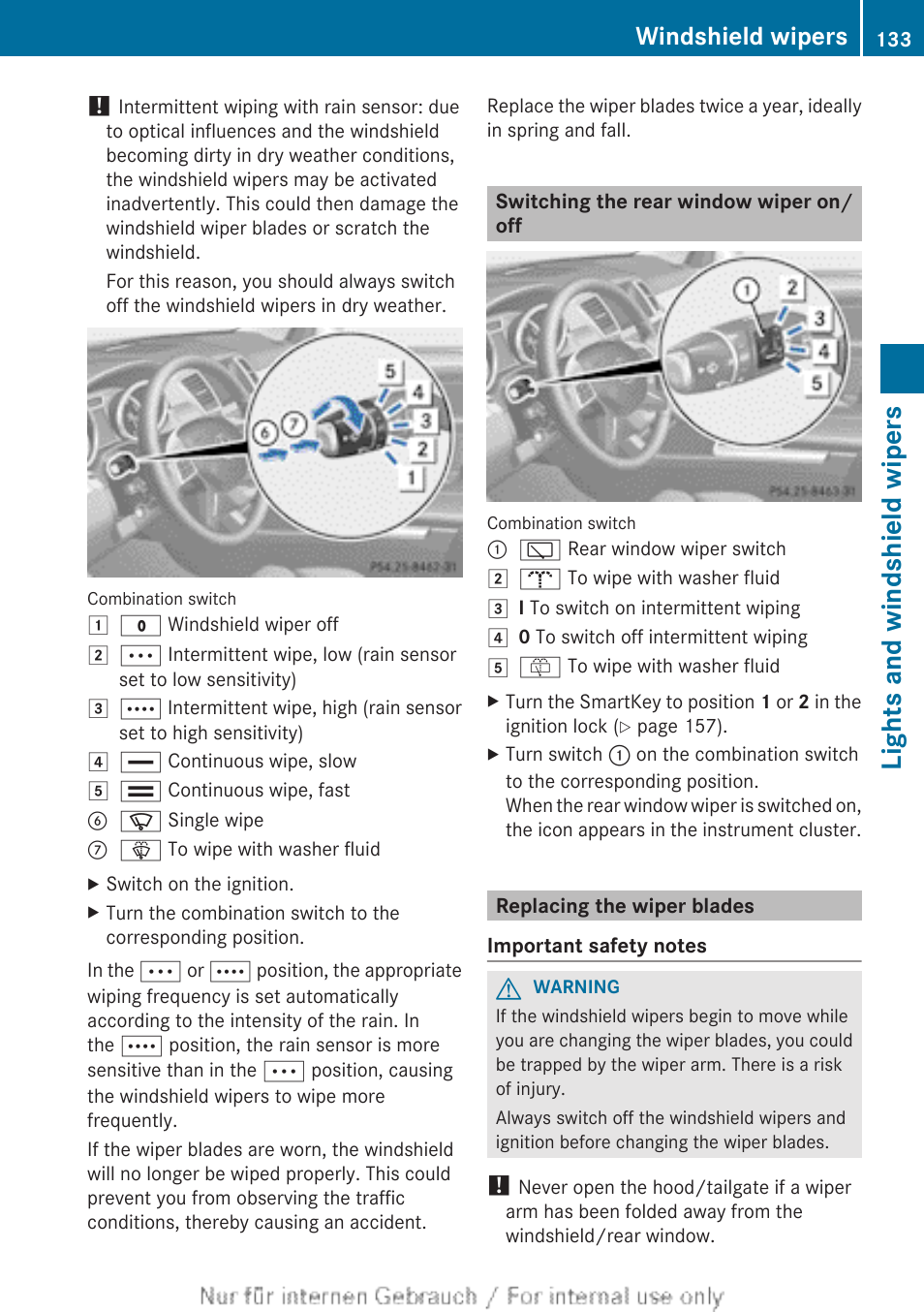 Switching the rear window wiper on/off, Replacing the wiper blades, Lights and windshield wipers | Windshield wipers | Mercedes-Benz 2013 M Class User Manual | Page 135 / 460