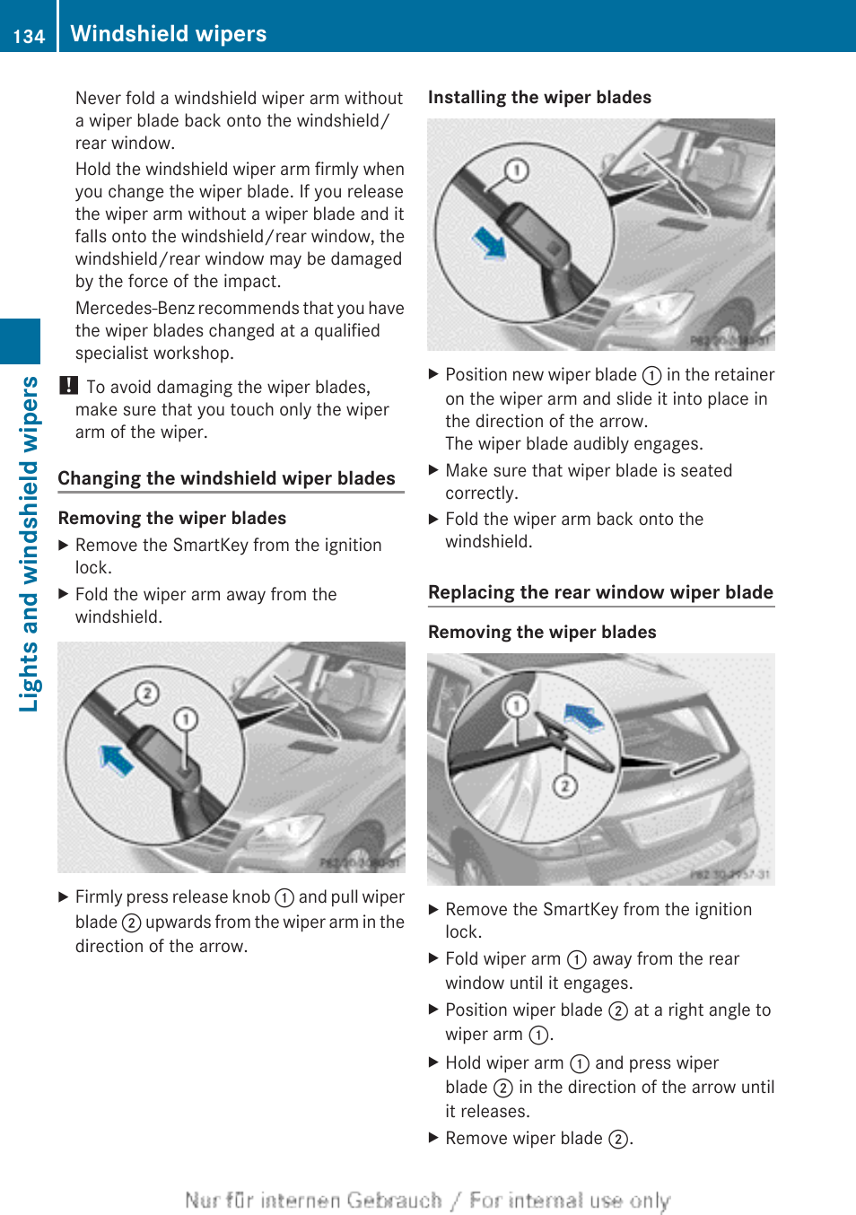 Lights and windshield wipers, Windshield wipers | Mercedes-Benz 2013 M Class User Manual | Page 136 / 460