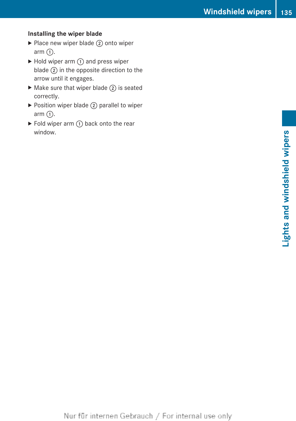 Lights and windshield wipers, Windshield wipers | Mercedes-Benz 2013 M Class User Manual | Page 137 / 460