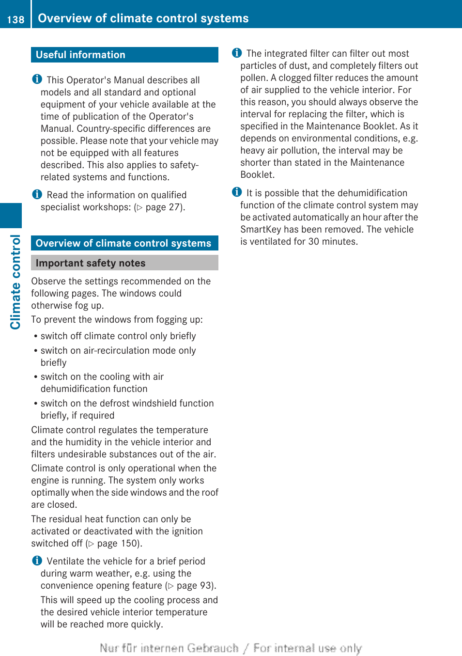 Climate control, Useful information, Overview of climate control systems | Important safety notes, Useful information overview of climate control sys, Tems | Mercedes-Benz 2013 M Class User Manual | Page 140 / 460