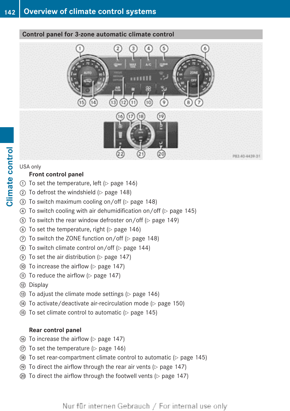 Control panel for 3-zone automatic climate control, Climate control, Overview of climate control systems | Mercedes-Benz 2013 M Class User Manual | Page 144 / 460