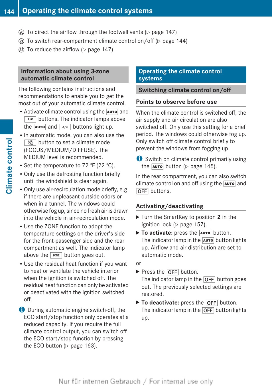 Operating the climate control systems, Switching climate control on/off, Operating the climate control sys | Tems, To switch climate control on/off, To switch rear-compartment climate control on/off, Climate control | Mercedes-Benz 2013 M Class User Manual | Page 146 / 460