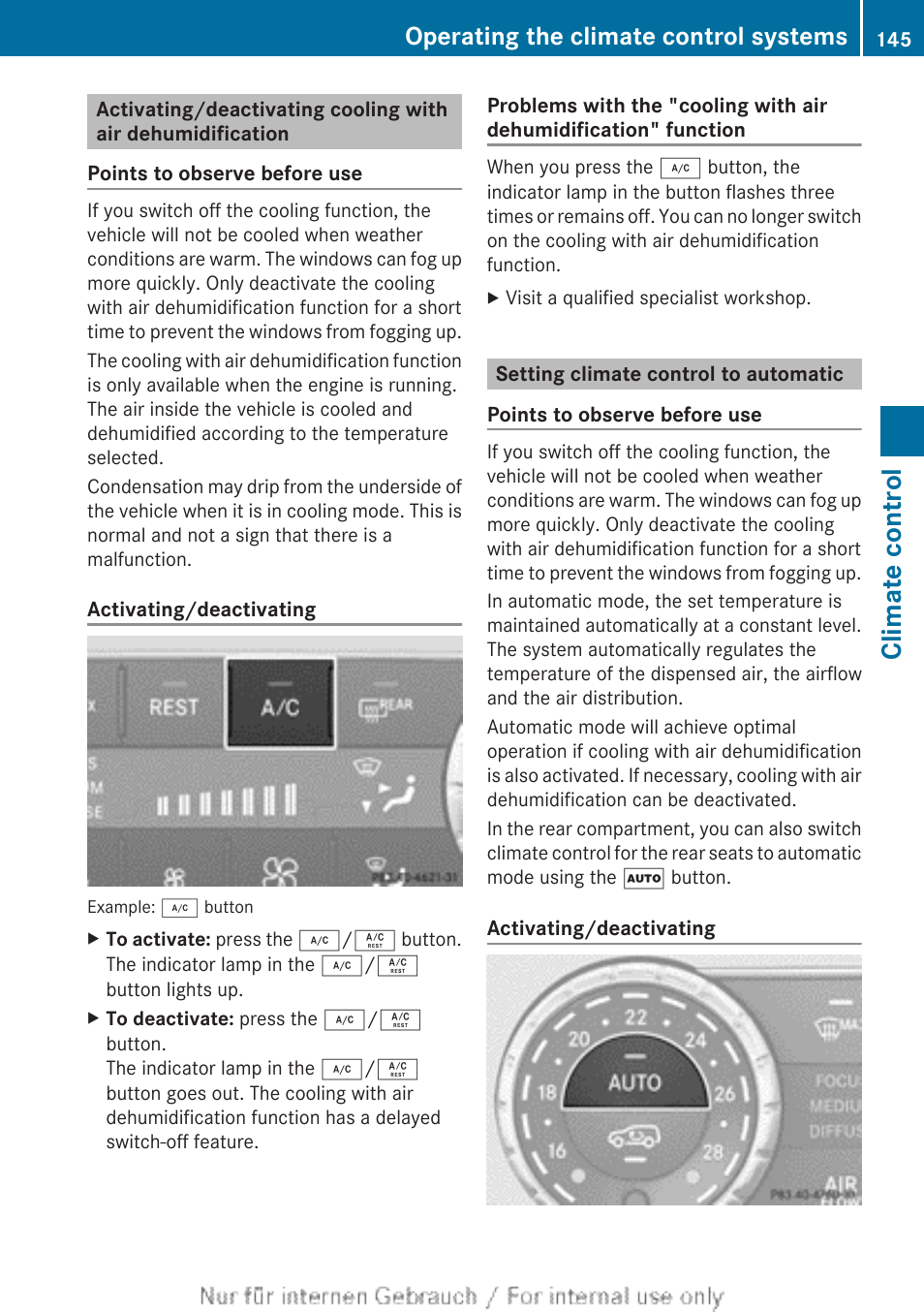 Setting climate control to automatic, To set climate control to automatic, Button | Climate control, Operating the climate control systems | Mercedes-Benz 2013 M Class User Manual | Page 147 / 460