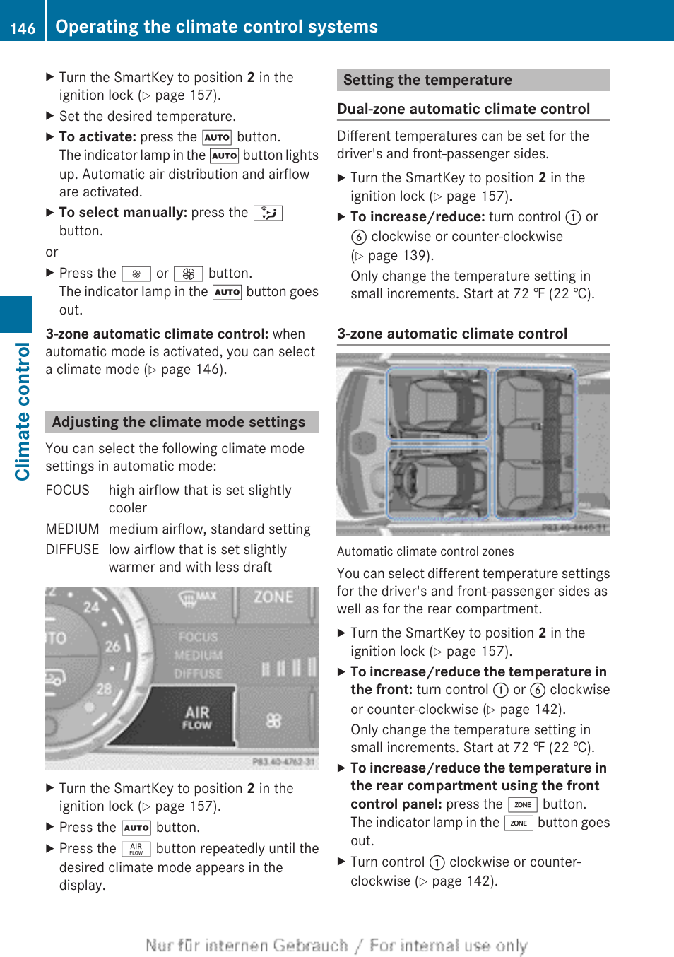 Adjusting the climate mode settings, Setting the temperature, To set the temperature, left | To set the temperature, right, To adjust the climate mode settings, To set the temperature, Climate control, Operating the climate control systems | Mercedes-Benz 2013 M Class User Manual | Page 148 / 460