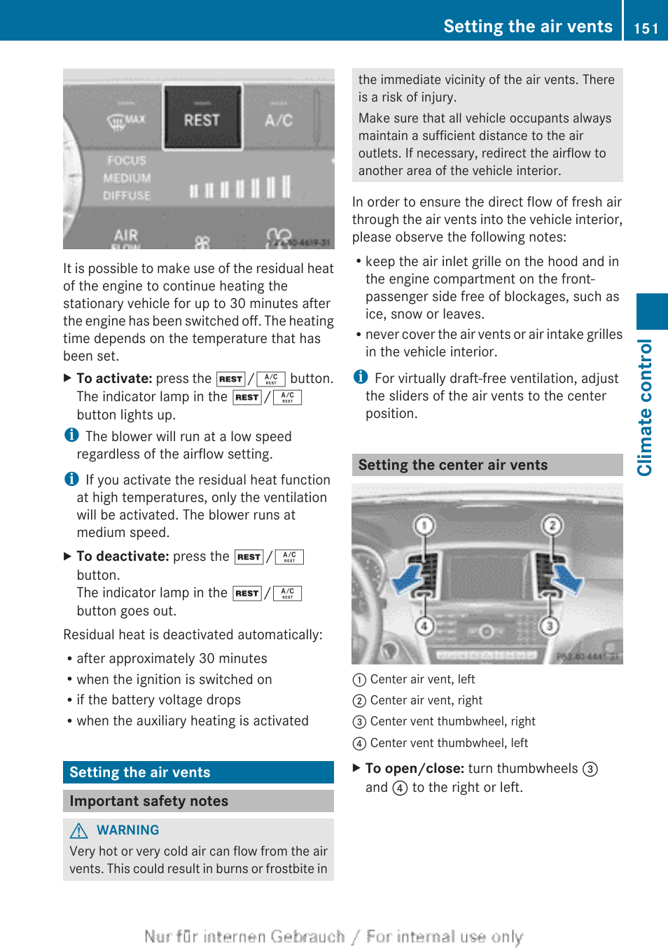 Setting the air vents, Important safety notes, Setting the center air vents | Climate control | Mercedes-Benz 2013 M Class User Manual | Page 153 / 460