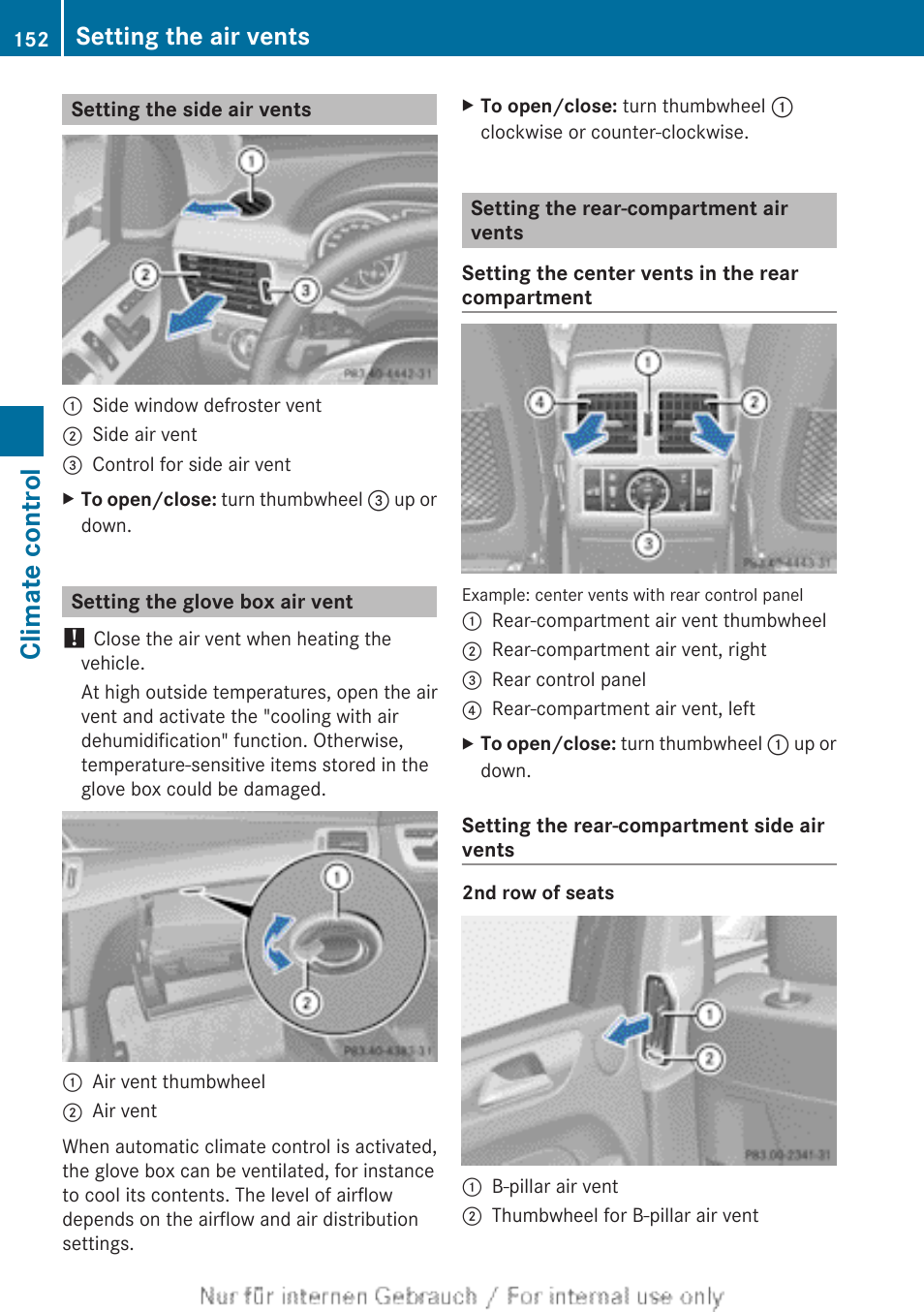 Setting the side air vents, Setting the glove box air vent, Setting the rear-compartment air vents | Climate control, Setting the air vents | Mercedes-Benz 2013 M Class User Manual | Page 154 / 460