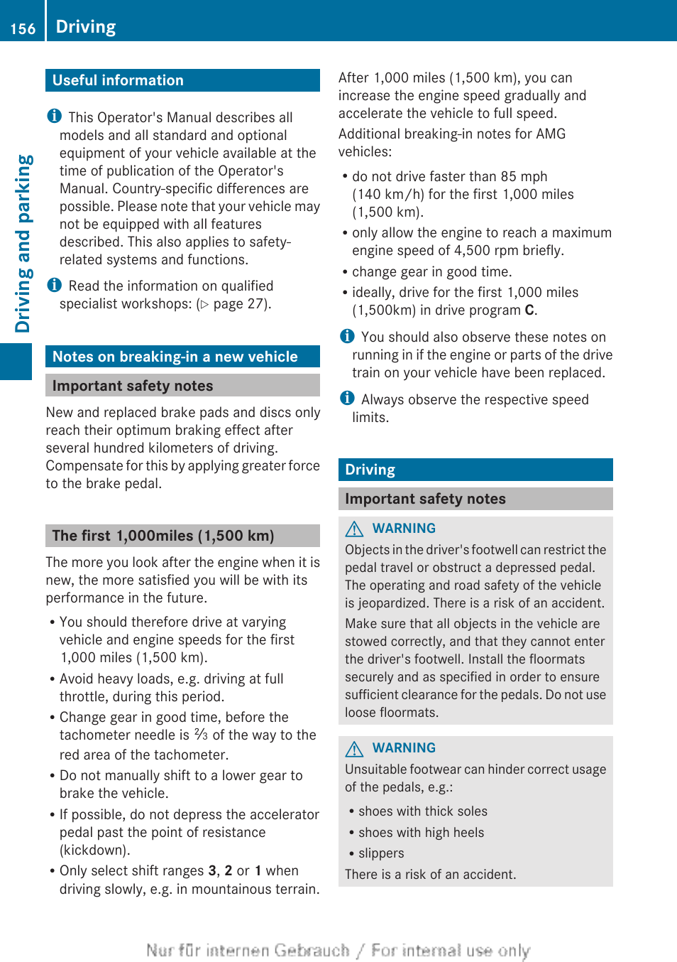 Driving and parking, Useful information, Notes on breaking-in a new vehicle | Important safety notes, The first1,000miles (1,500 km), Driving | Mercedes-Benz 2013 M Class User Manual | Page 158 / 460