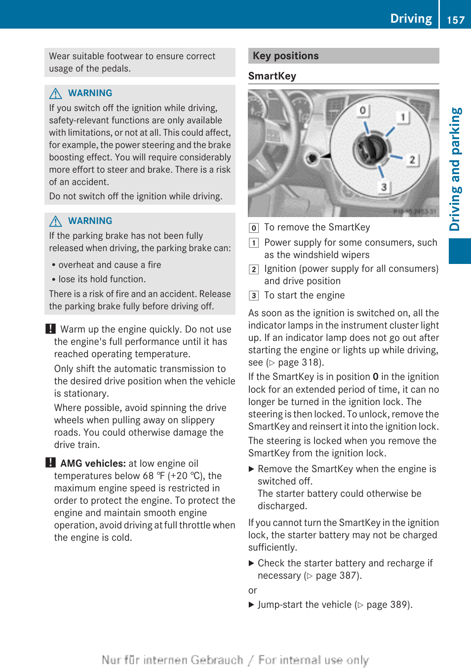 Key positions, Ignition lock, Driving and parking | Driving | Mercedes-Benz 2013 M Class User Manual | Page 159 / 460