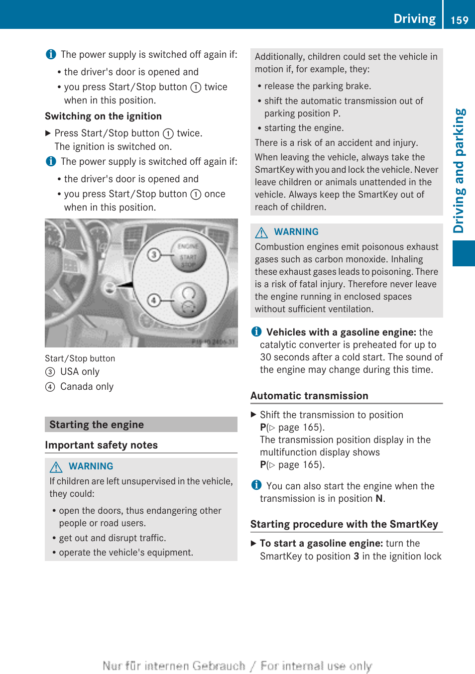 Starting the engine, Driving and parking, Driving | Mercedes-Benz 2013 M Class User Manual | Page 161 / 460