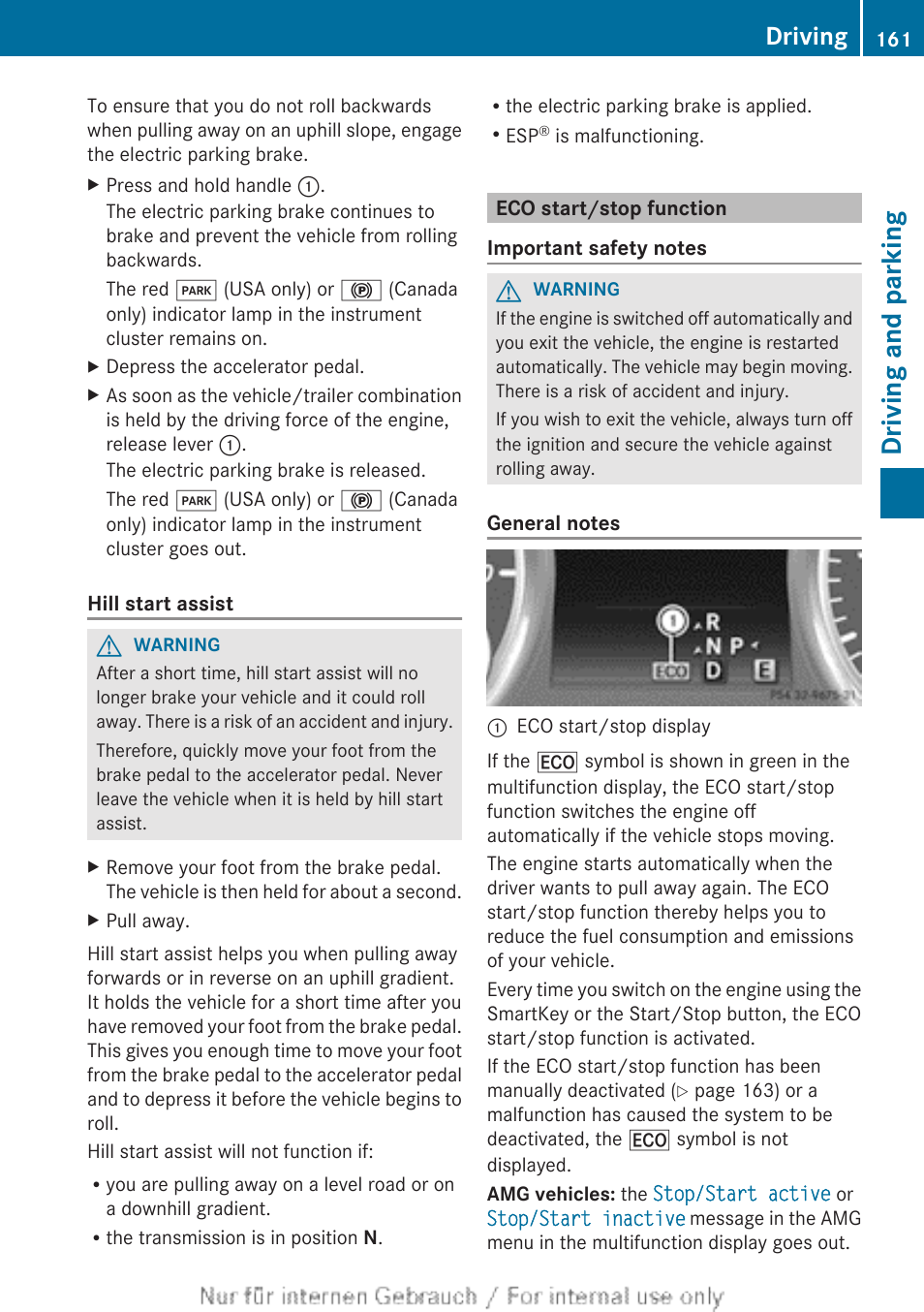 Eco start/stop function, Driving and parking, Driving | Mercedes-Benz 2013 M Class User Manual | Page 163 / 460