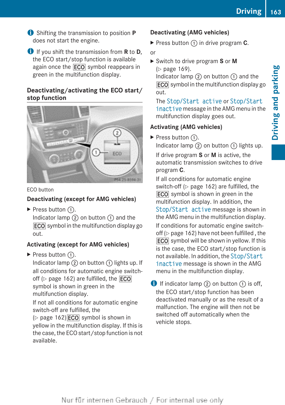 The eco button, Driving and parking, Driving | Mercedes-Benz 2013 M Class User Manual | Page 165 / 460