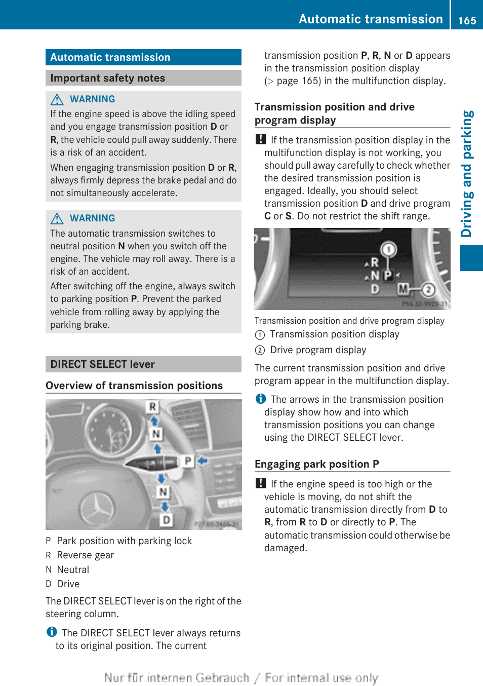 Automatic transmission, Important safety notes, Direct select lever | Driving and parking | Mercedes-Benz 2013 M Class User Manual | Page 167 / 460