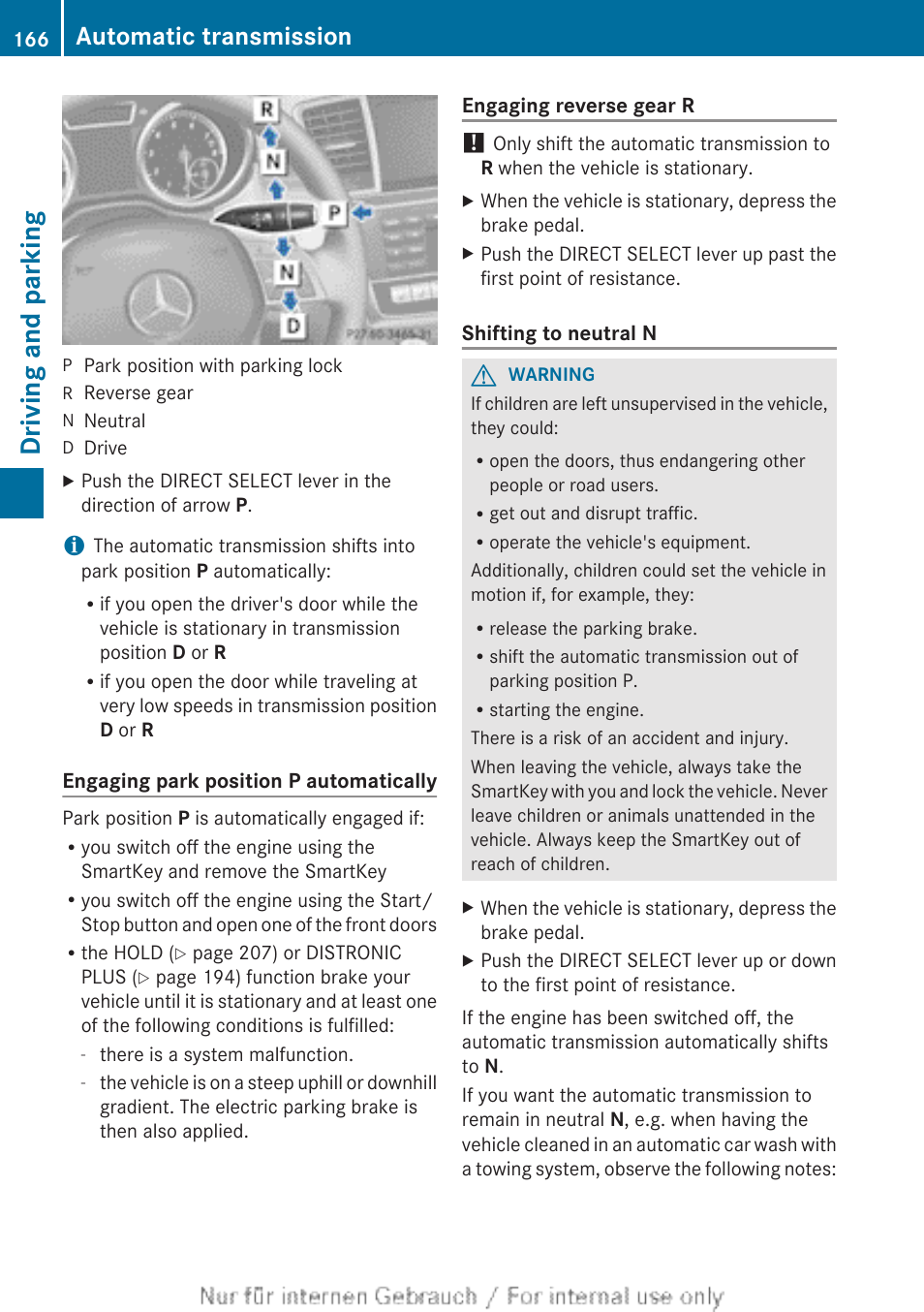 Driving and parking, Automatic transmission | Mercedes-Benz 2013 M Class User Manual | Page 168 / 460