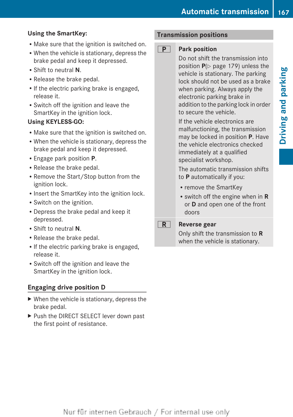 Transmission positions, Driving and parking, Automatic transmission | Mercedes-Benz 2013 M Class User Manual | Page 169 / 460