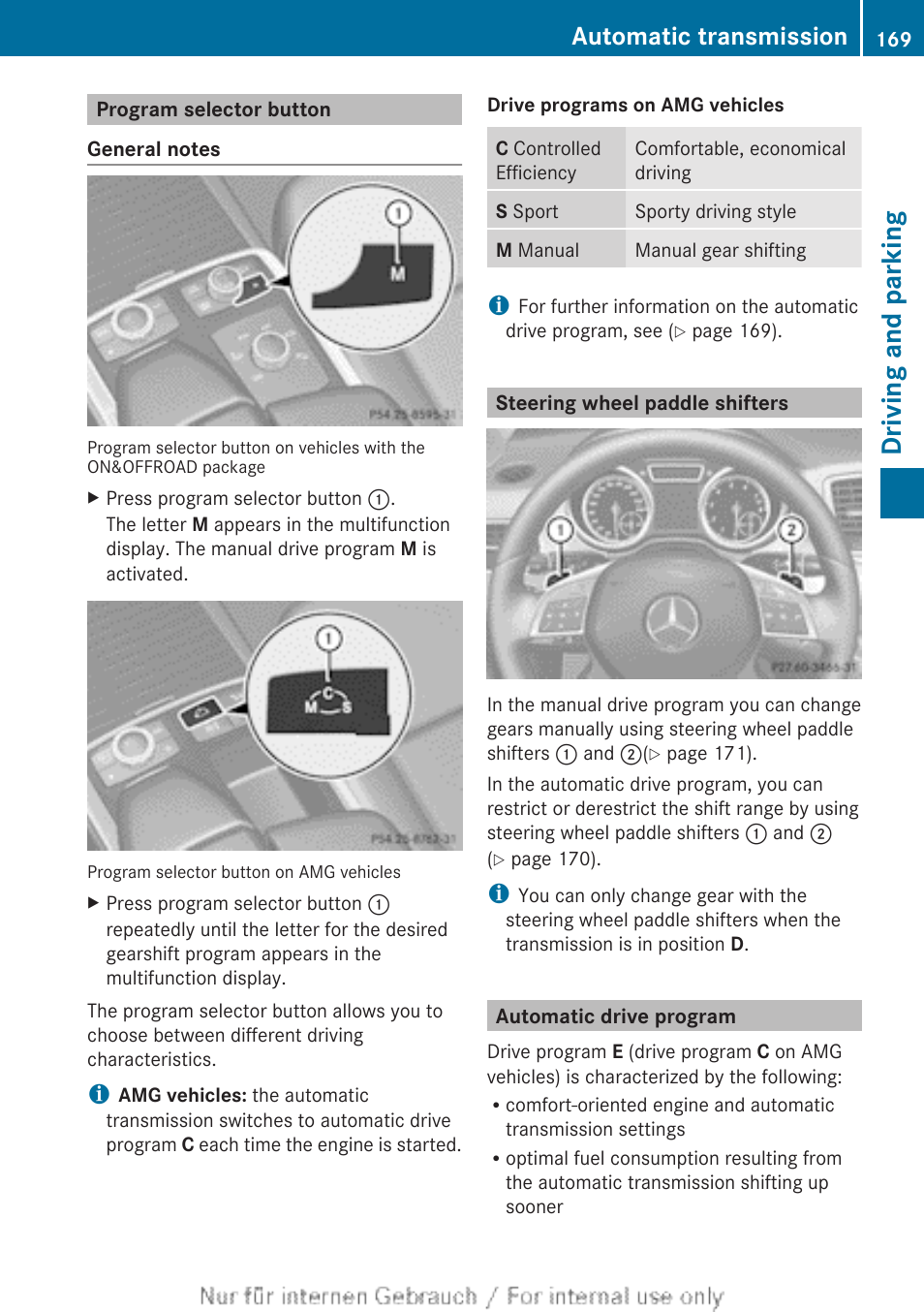 Program selector button, Steering wheel paddle shifters, Automatic drive program | Driving and parking, Automatic transmission | Mercedes-Benz 2013 M Class User Manual | Page 171 / 460