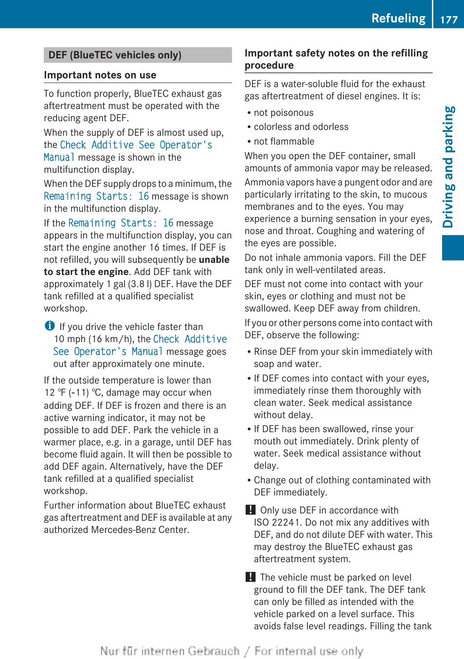 Def (bluetec vehicles only), Driving and parking, Refueling | Mercedes-Benz 2013 M Class User Manual | Page 179 / 460