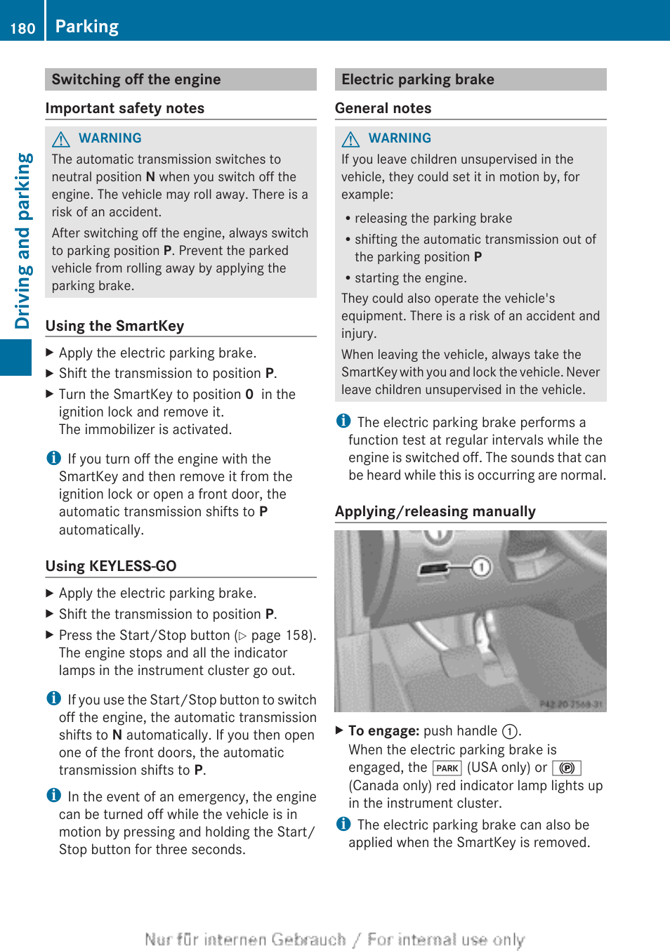 Switching off the engine, Electric parking brake, The electric parking brake | Driving and parking, Parking | Mercedes-Benz 2013 M Class User Manual | Page 182 / 460