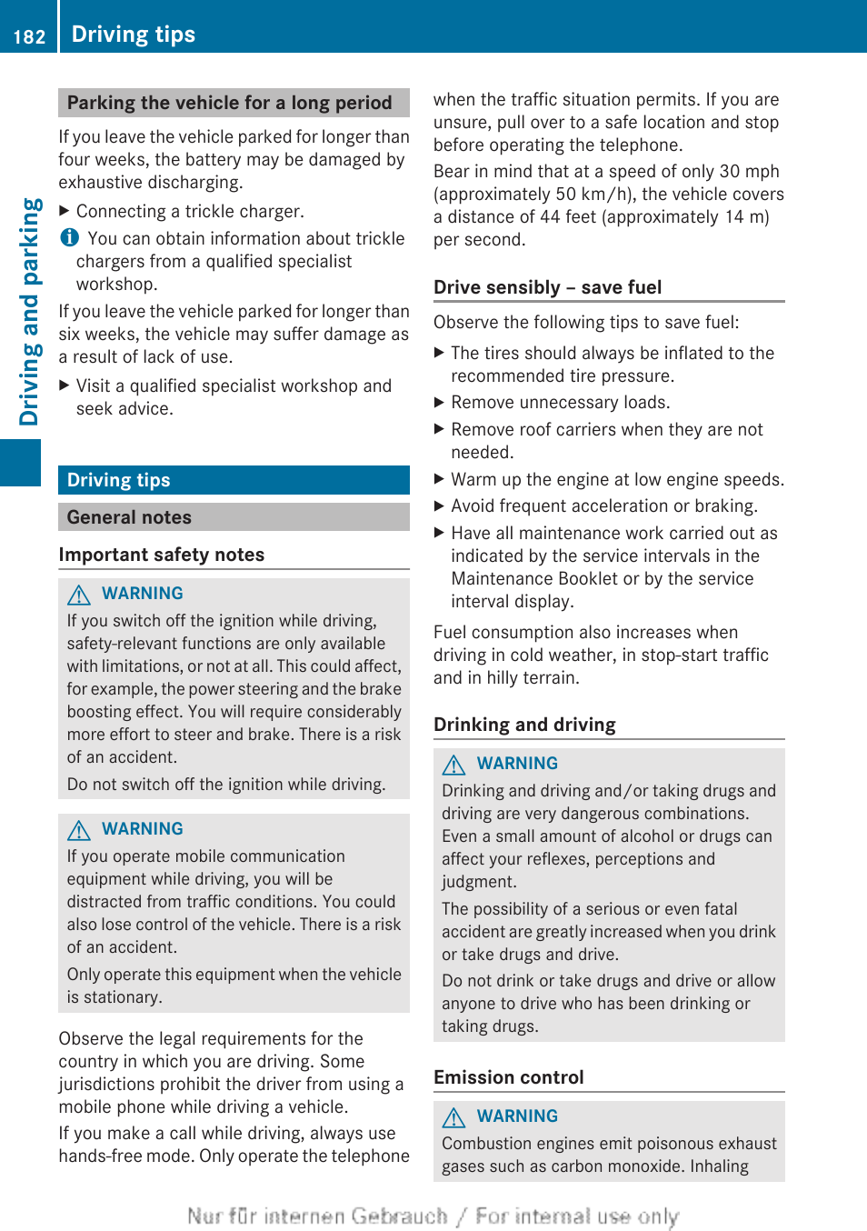 Parking the vehicle for a long period, Driving tips, General notes | Driving and parking | Mercedes-Benz 2013 M Class User Manual | Page 184 / 460