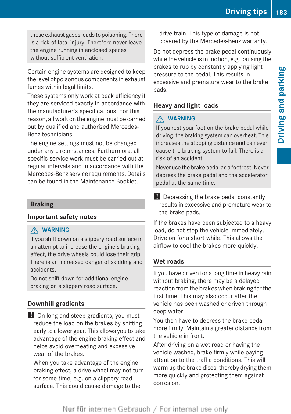 Braking, Driving and parking, Driving tips | Mercedes-Benz 2013 M Class User Manual | Page 185 / 460