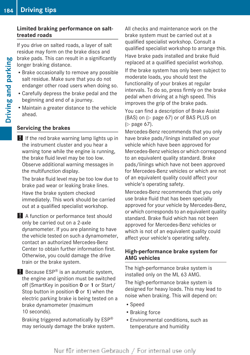 Driving and parking, Driving tips | Mercedes-Benz 2013 M Class User Manual | Page 186 / 460