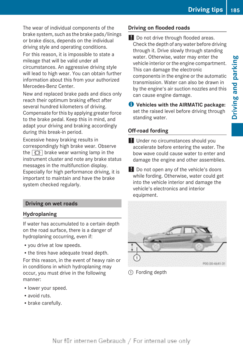 Driving on wet roads, Driving and parking, Driving tips | Mercedes-Benz 2013 M Class User Manual | Page 187 / 460