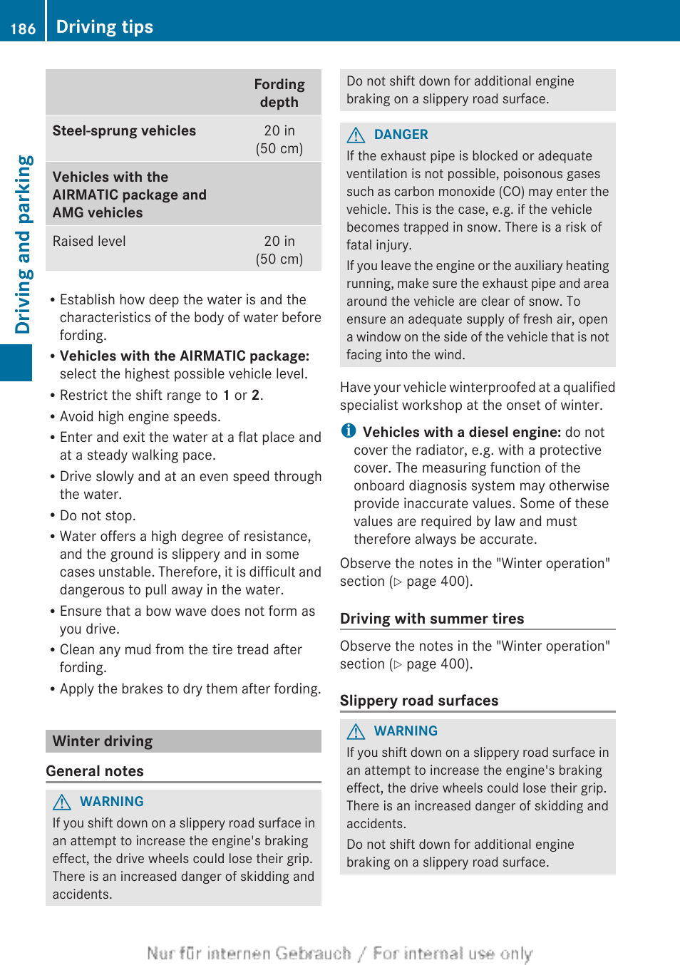 Winter driving, Driving and parking, Driving tips | Mercedes-Benz 2013 M Class User Manual | Page 188 / 460