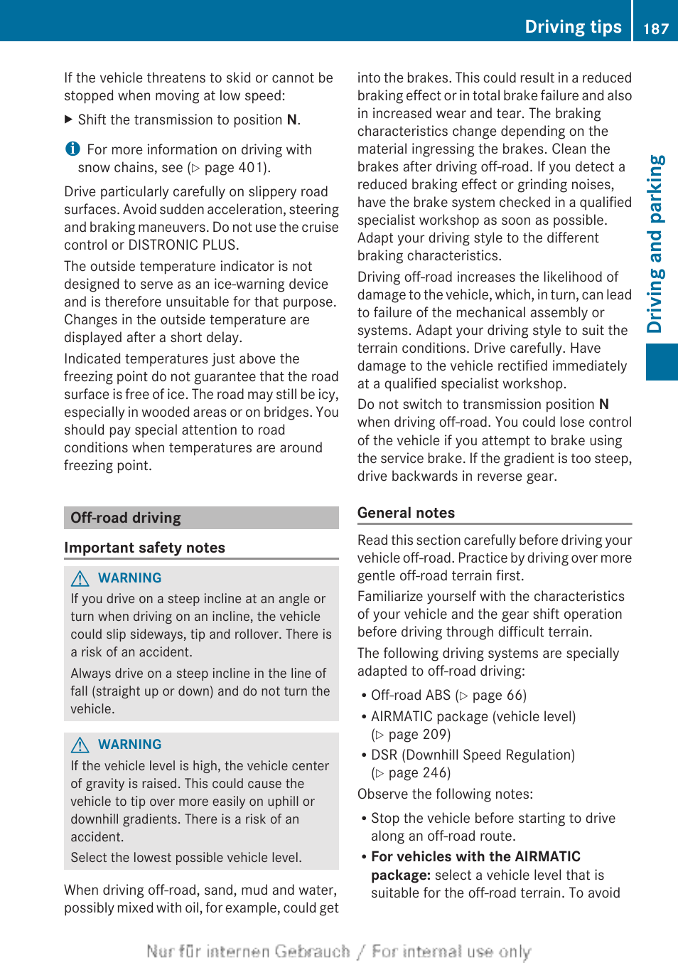 Off-road driving, Driving and parking, Driving tips | Mercedes-Benz 2013 M Class User Manual | Page 189 / 460