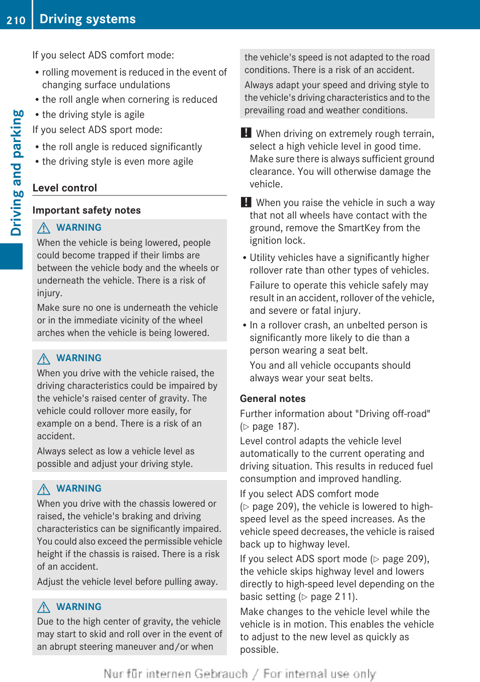 As well as level control, Driving and parking, Driving systems | Mercedes-Benz 2013 M Class User Manual | Page 212 / 460