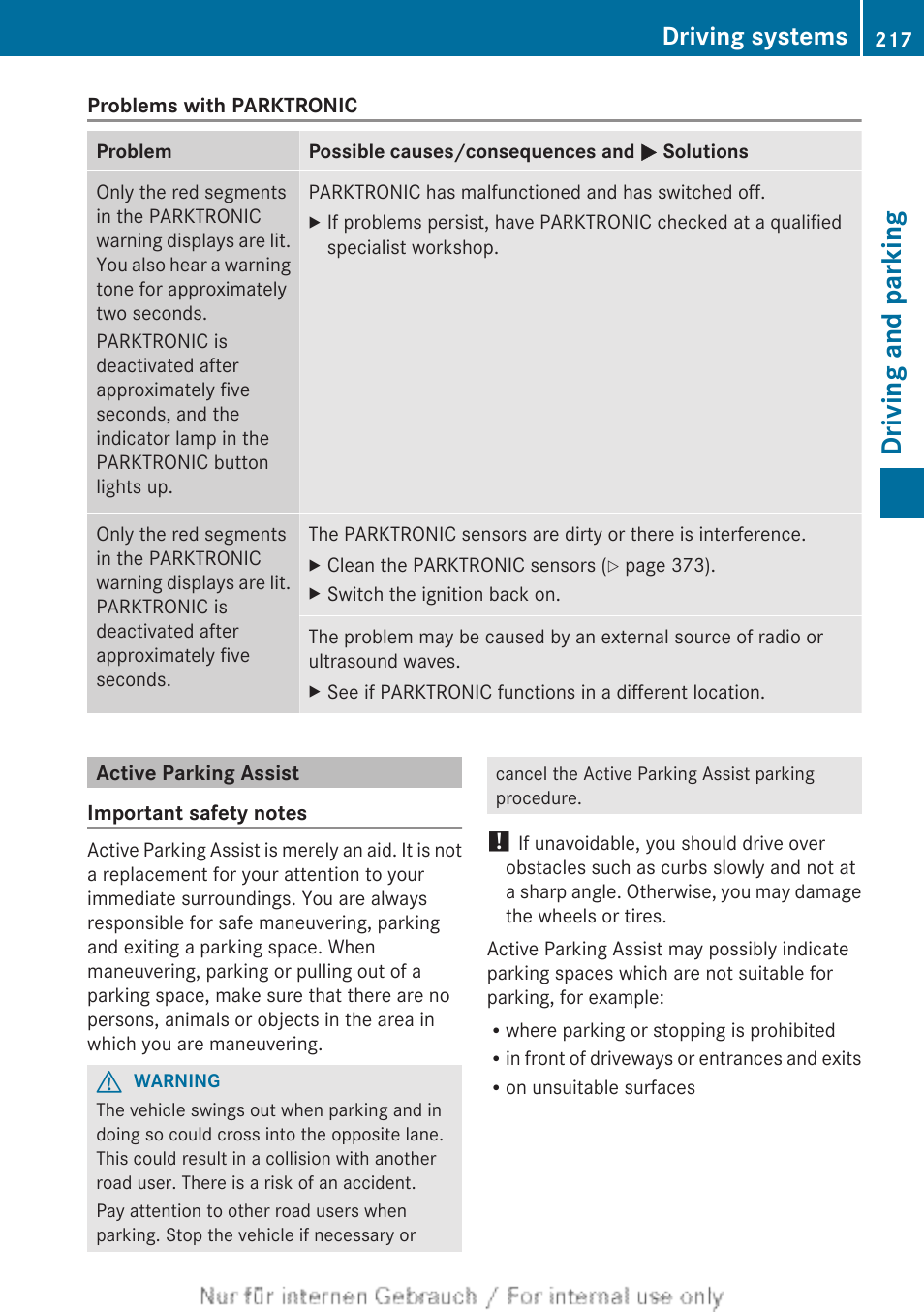 Active parking assist, Driving and parking, Driving systems | Mercedes-Benz 2013 M Class User Manual | Page 219 / 460