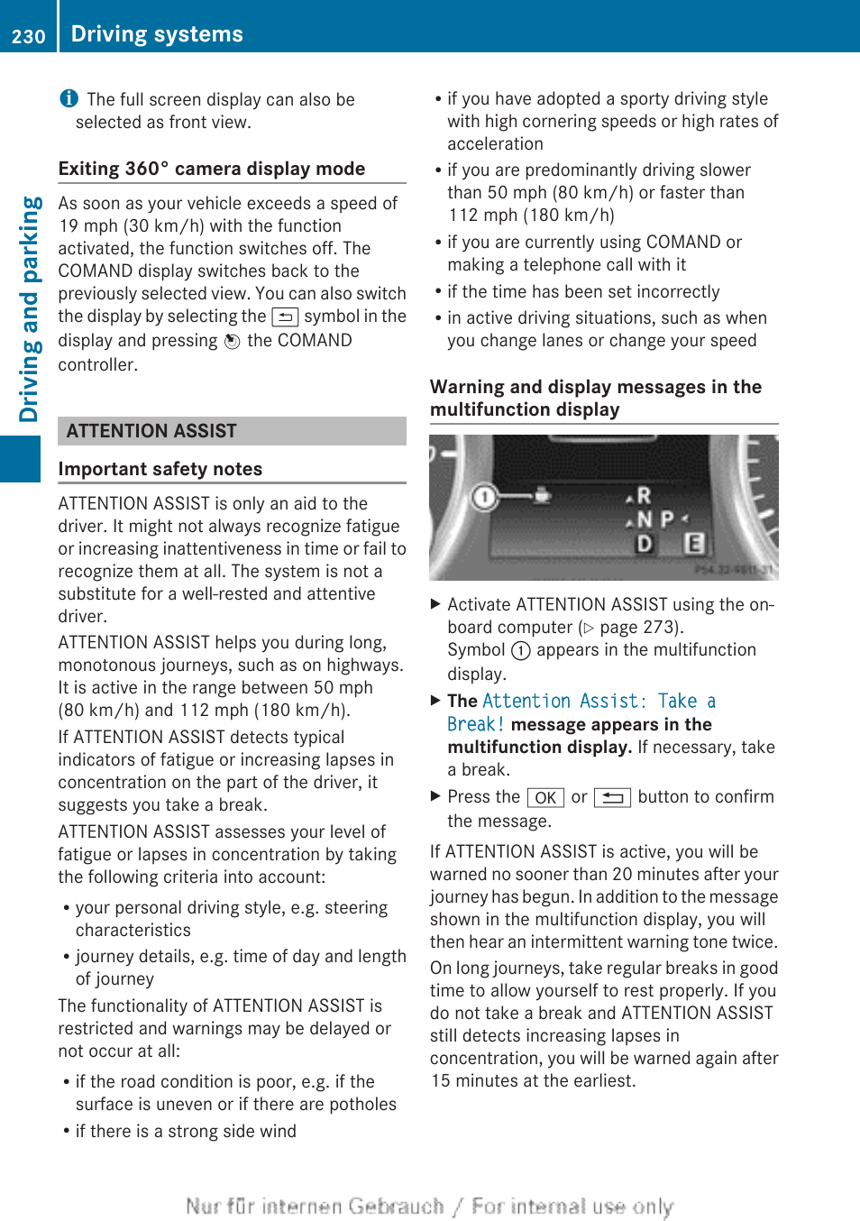 Attention assist, Driving and parking, Driving systems | Mercedes-Benz 2013 M Class User Manual | Page 232 / 460