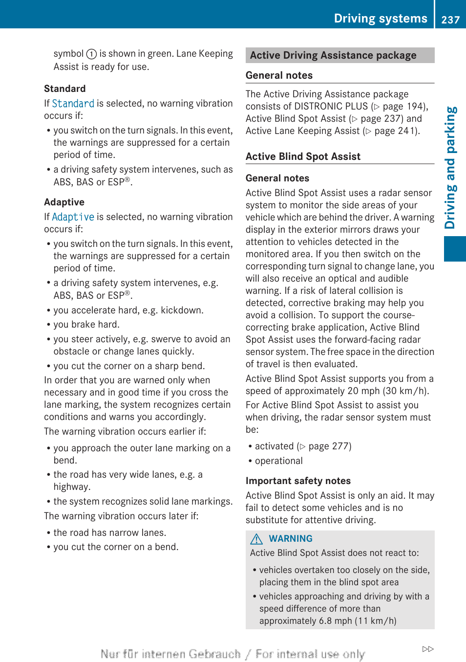 Active driving assistance package, Driving and parking, Driving systems | Mercedes-Benz 2013 M Class User Manual | Page 239 / 460