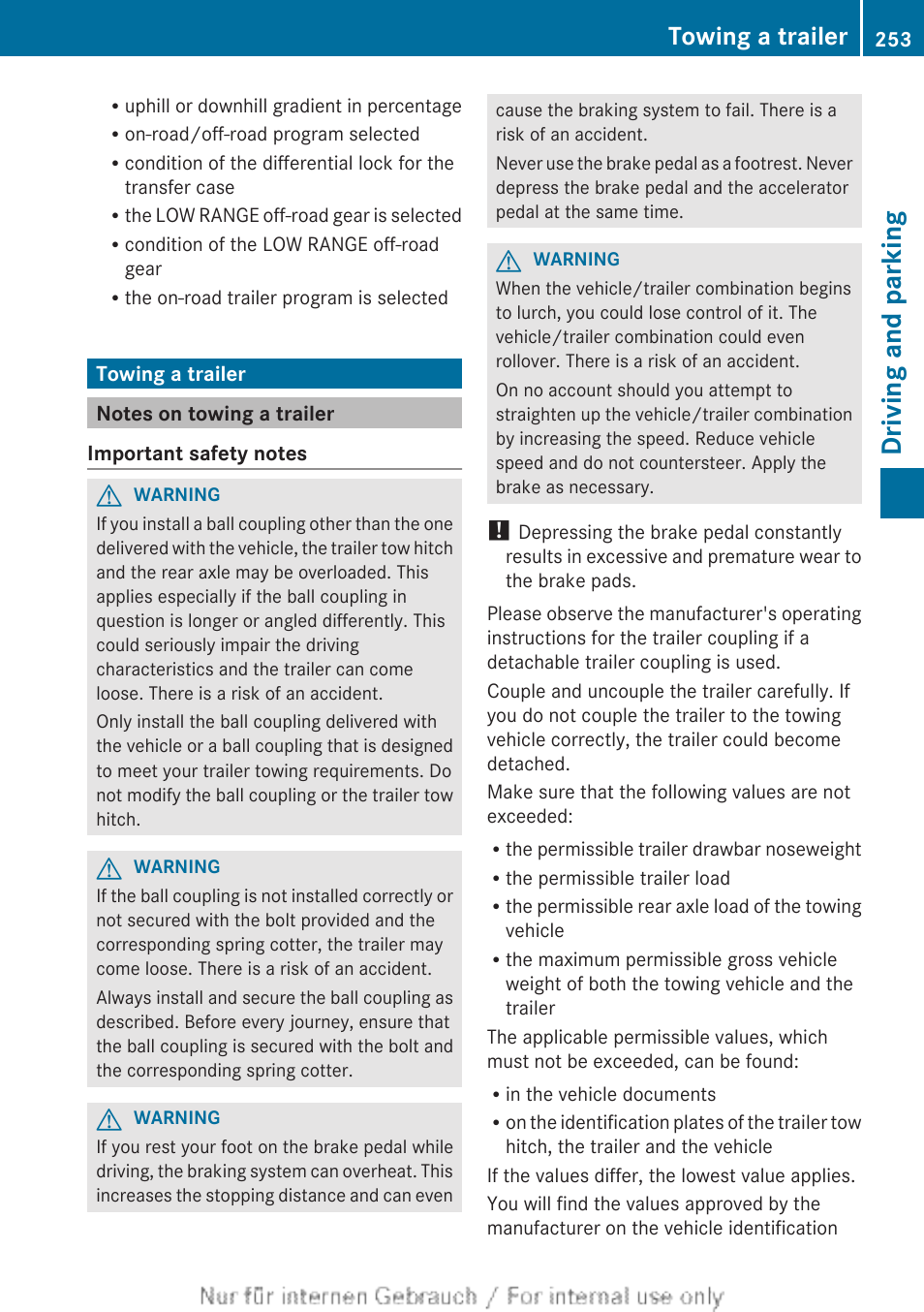 Towing a trailer, Notes on towing a trailer, Driving and parking | Mercedes-Benz 2013 M Class User Manual | Page 255 / 460