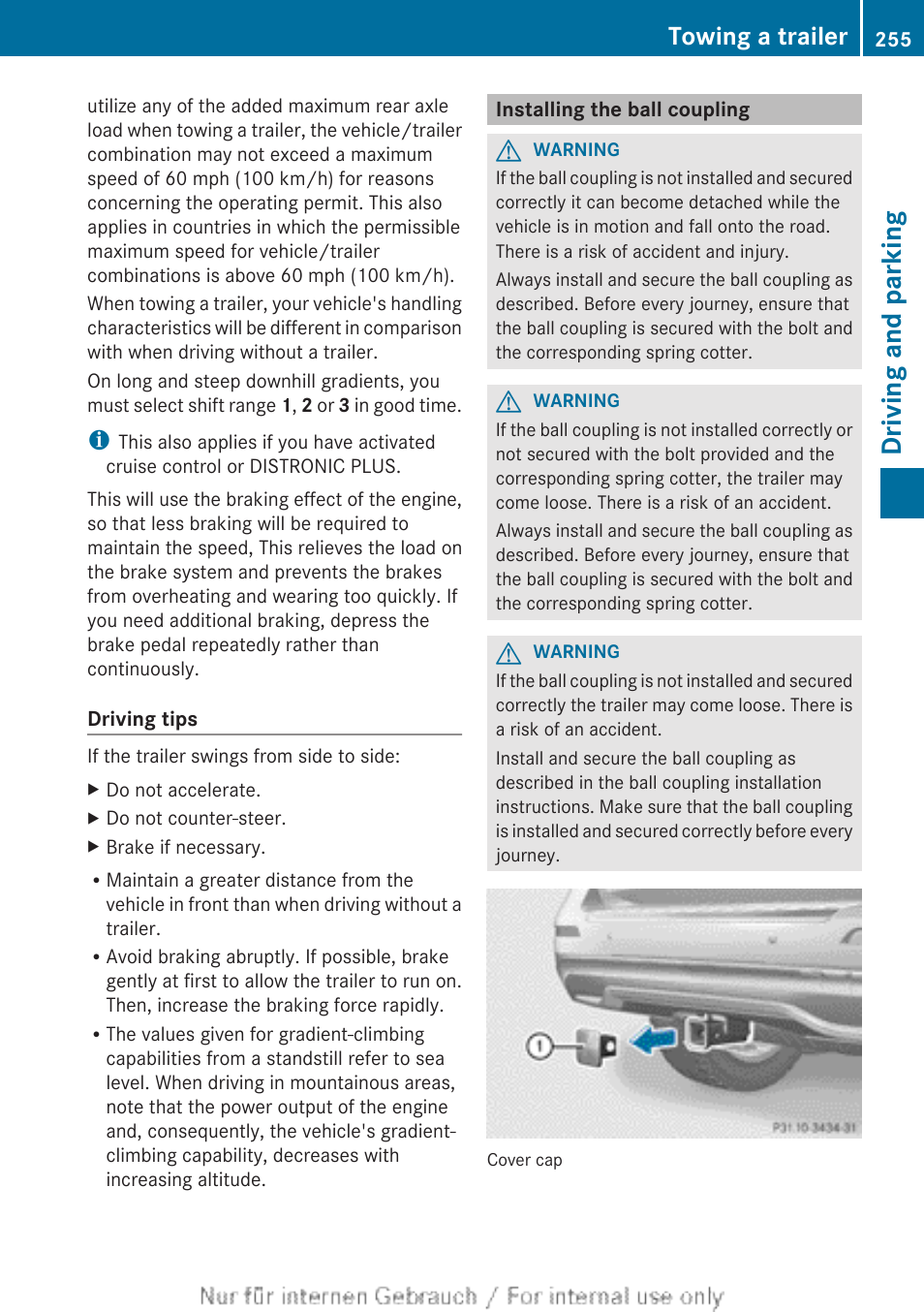 Installing the ball coupling, Driving and parking, Towing a trailer | Mercedes-Benz 2013 M Class User Manual | Page 257 / 460