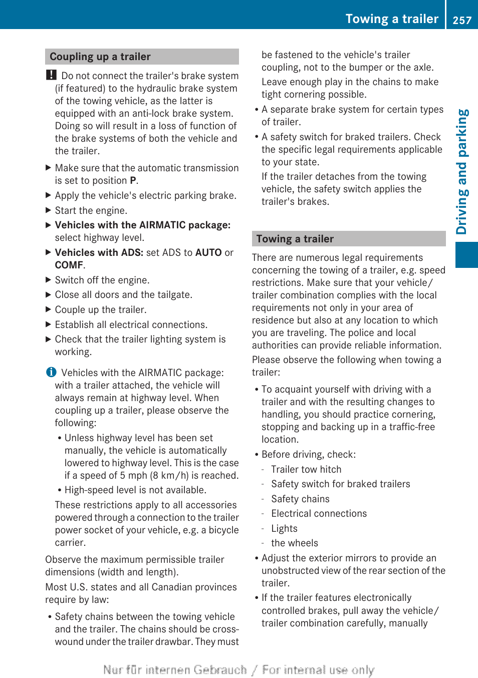 Coupling up a trailer, Towing a trailer, Driving and parking | Mercedes-Benz 2013 M Class User Manual | Page 259 / 460