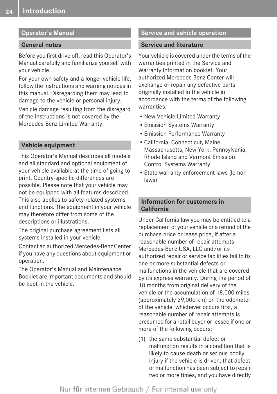 Operator's manual, General notes, Vehicle equipment | Service and vehicle operation, Service and literature, Information for customers in california, Introduction | Mercedes-Benz 2013 M Class User Manual | Page 26 / 460