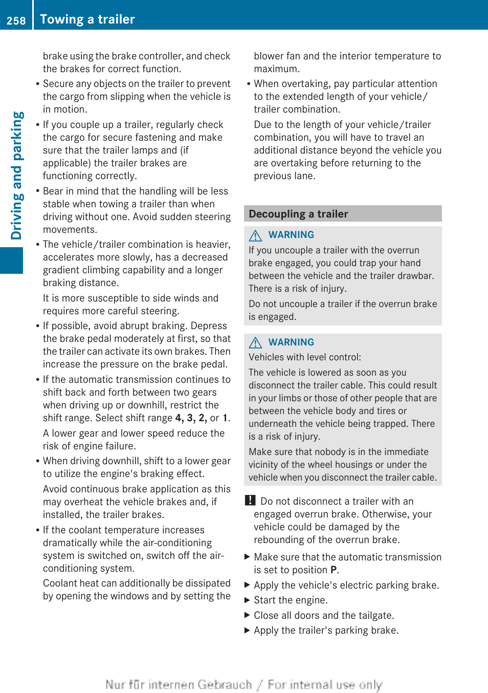 Decoupling a trailer, Driving and parking, Towing a trailer | Mercedes-Benz 2013 M Class User Manual | Page 260 / 460