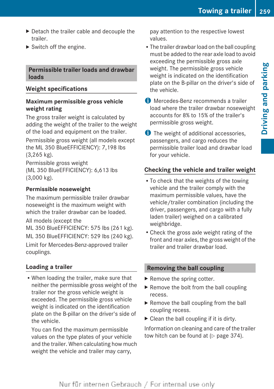 Permissible trailer loads and drawbar loads, Removing the ball coupling, Driving and parking | Towing a trailer | Mercedes-Benz 2013 M Class User Manual | Page 261 / 460